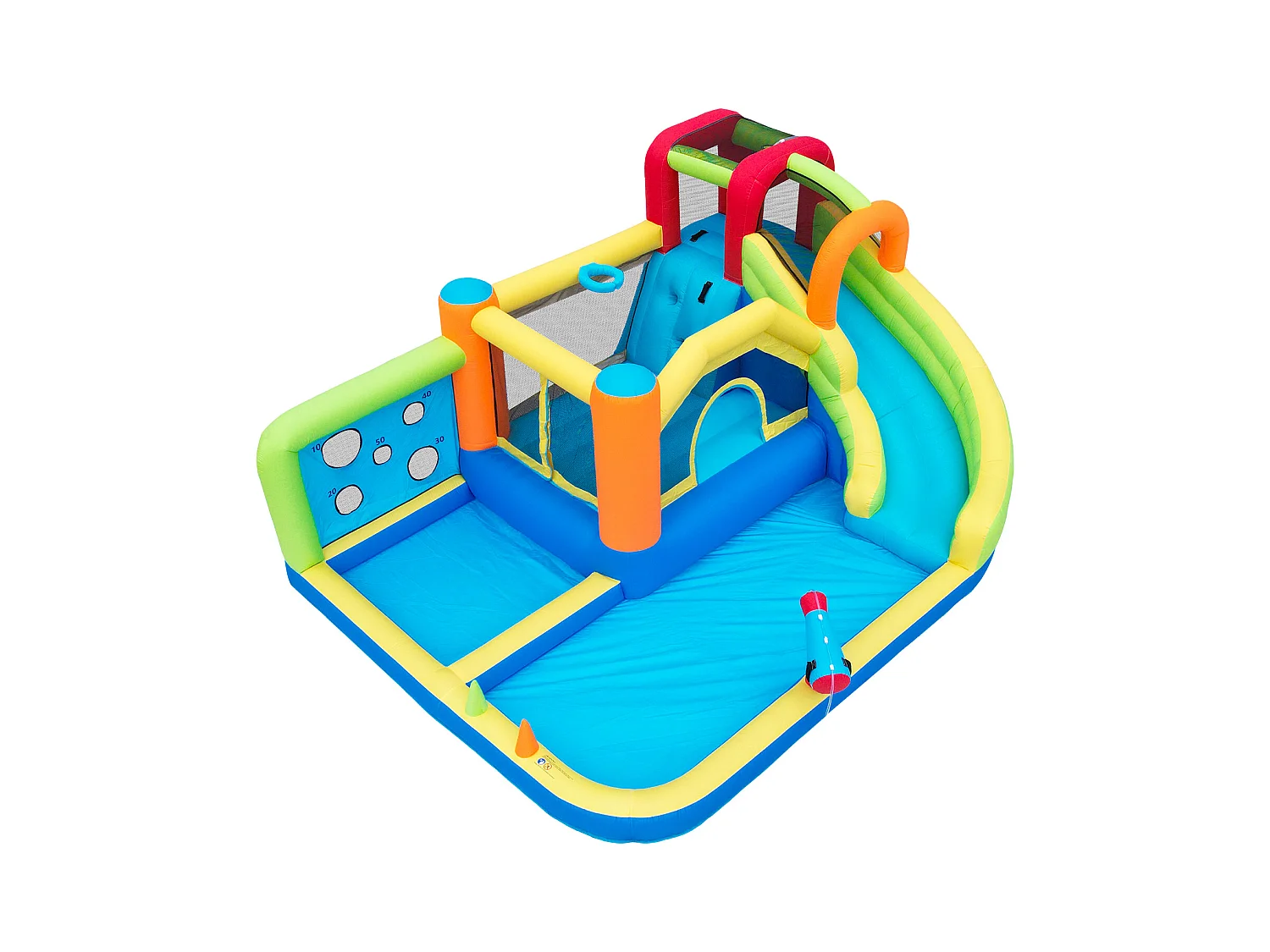 Château gonflable 410x315x203cm Ventilateur 450w Toboggan Aquatique Mur de Lancers Panier Basketball Trampoline Tissu Oxford Bleu