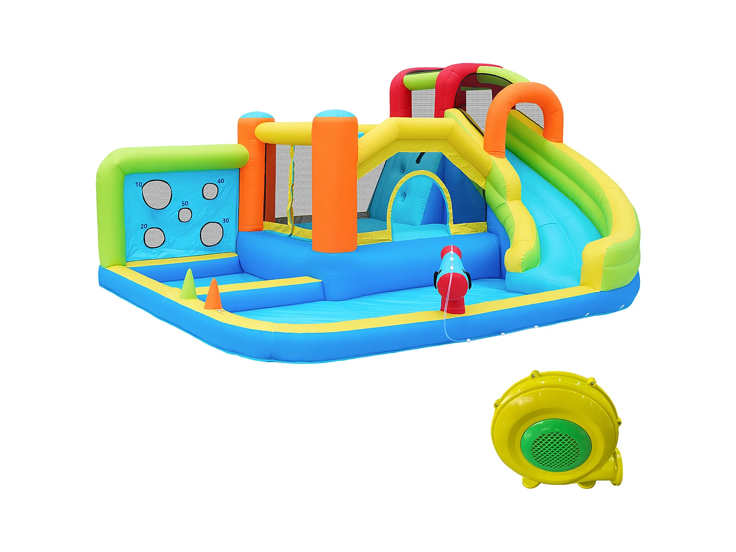 Château gonflable 410x315x203cm Ventilateur 450w Toboggan Aquatique Mur de Lancers Panier Basketball Trampoline Tissu Oxford Bleu