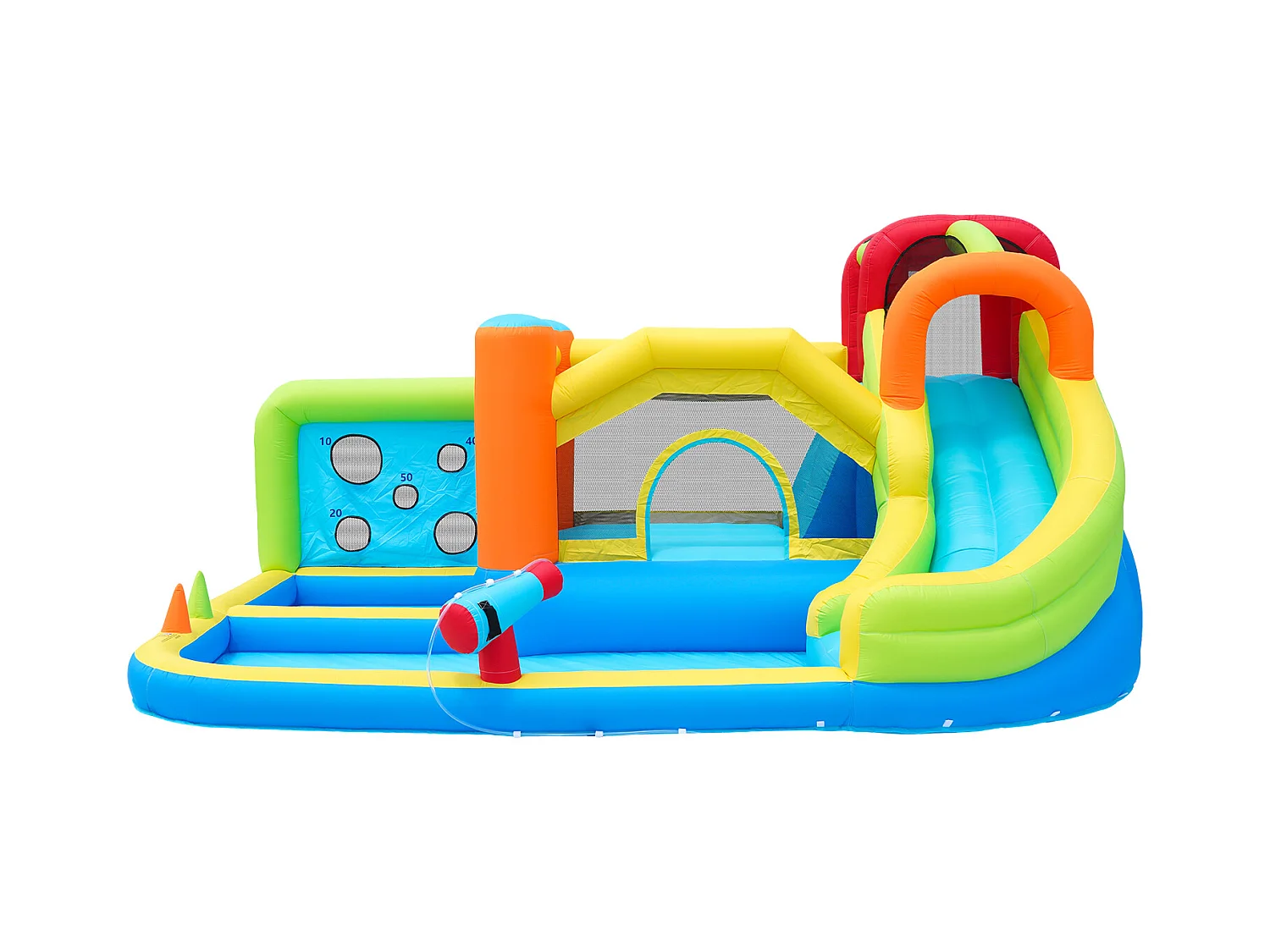 Château gonflable 410x315x203cm Ventilateur 450w Toboggan Aquatique Mur de Lancers Panier Basketball Trampoline Tissu Oxford Bleu