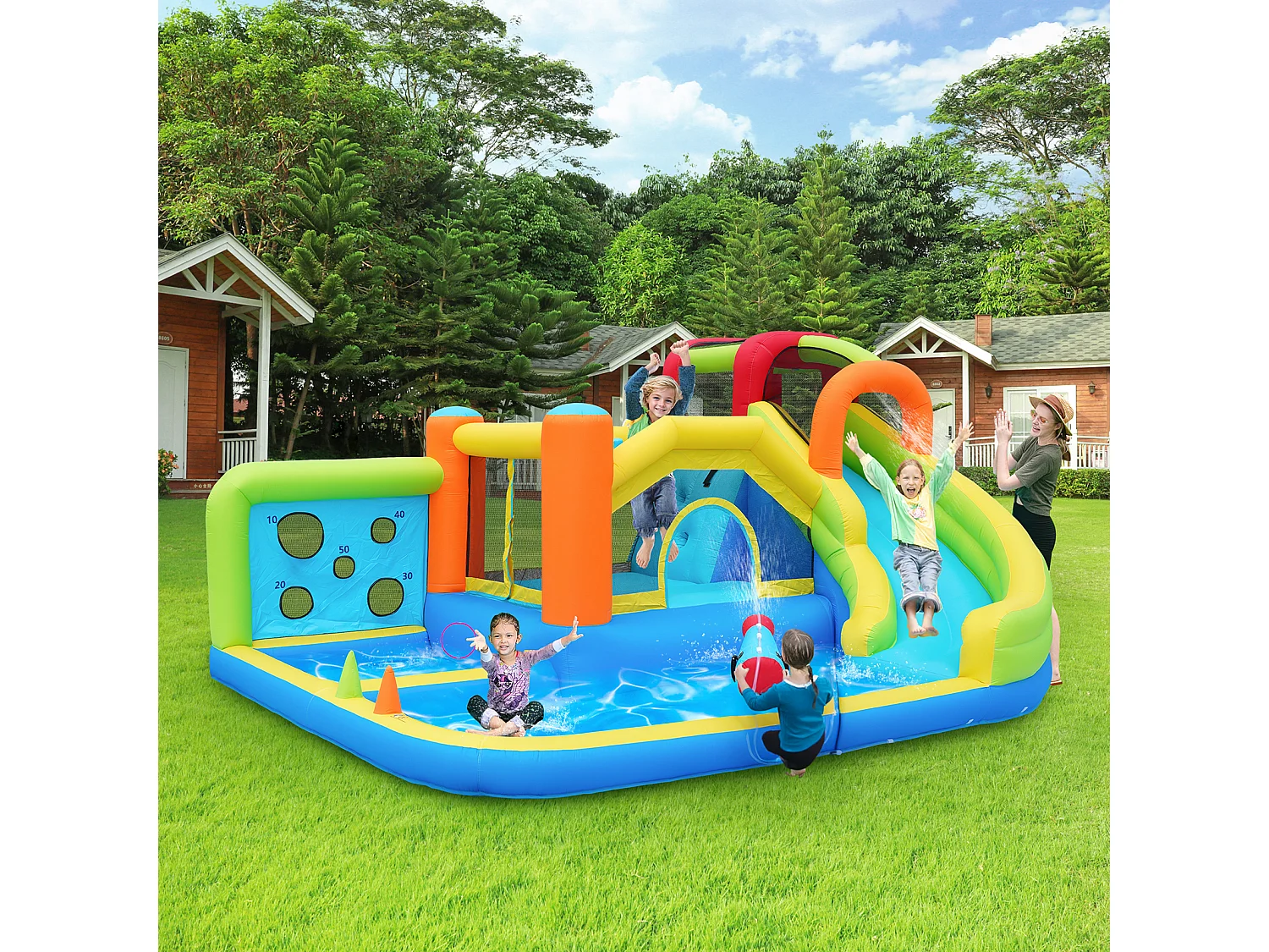 Château gonflable multifonction, usage sec ou humide, toboggan aquatique, mur d'escalade, soufflerie 450 W, tissu Oxford bleu