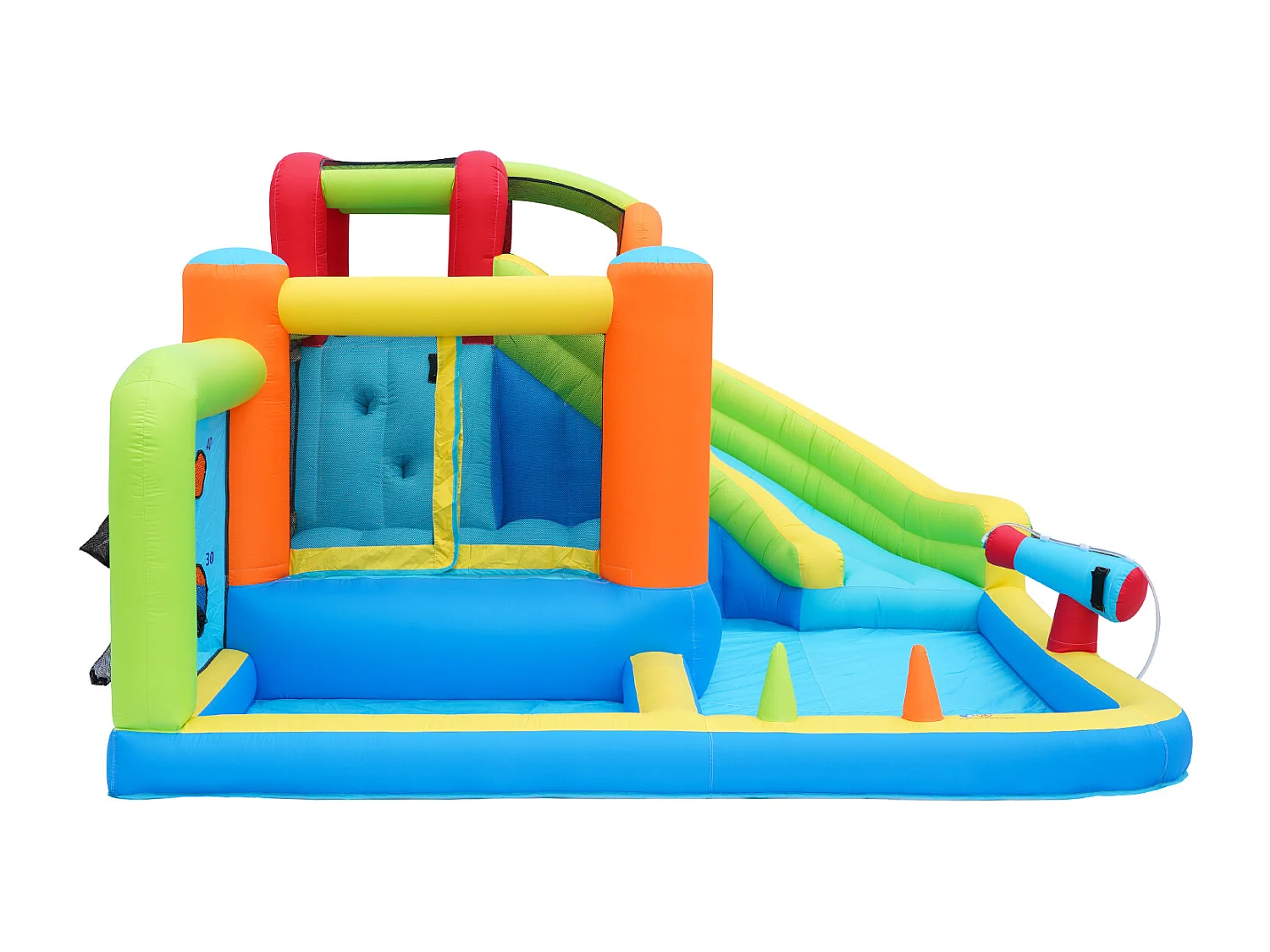 Château gonflable multifonction, usage sec ou humide, toboggan aquatique, mur d'escalade, soufflerie 450 W, tissu Oxford bleu