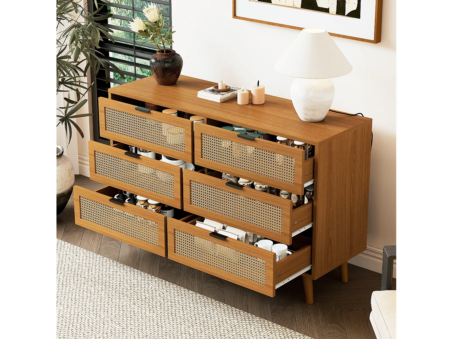 Commode 3 tiroirs 120x40x76.5 cm avec six tiroirs panneau de particules Couleur naturelle pour salon et chambre