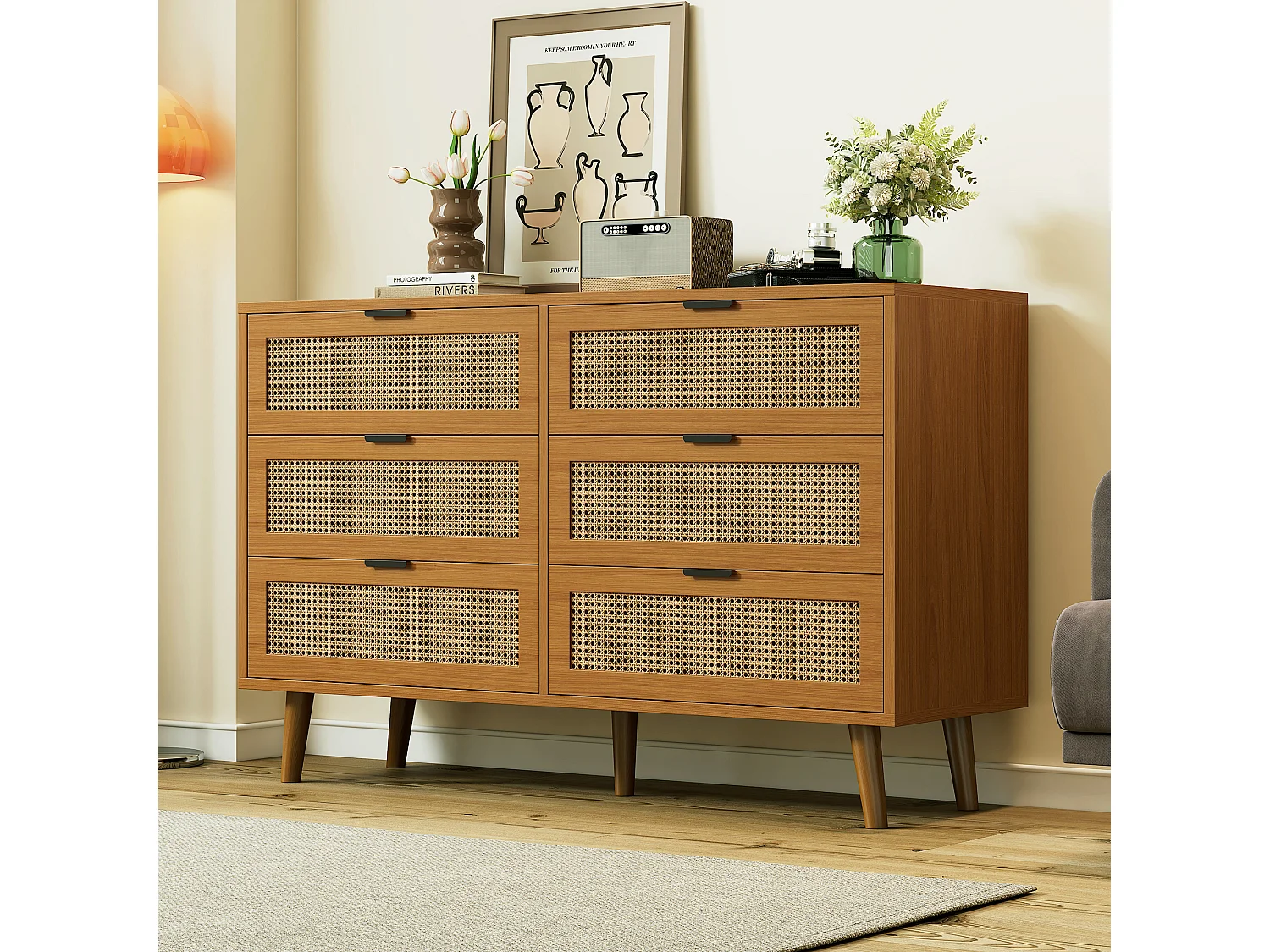 Commode 3 tiroirs 120x40x76.5 cm avec six tiroirs panneau de particules Couleur naturelle pour salon et chambre