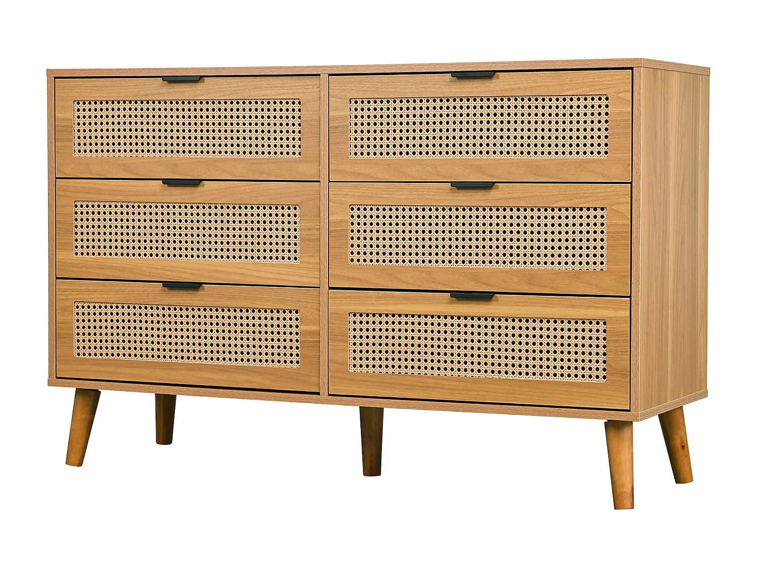 Commode 6 tiroirs 120x40x76.5 cm, grand rangement, poignées en métal, pieds en bois, panneau de particules, noyer