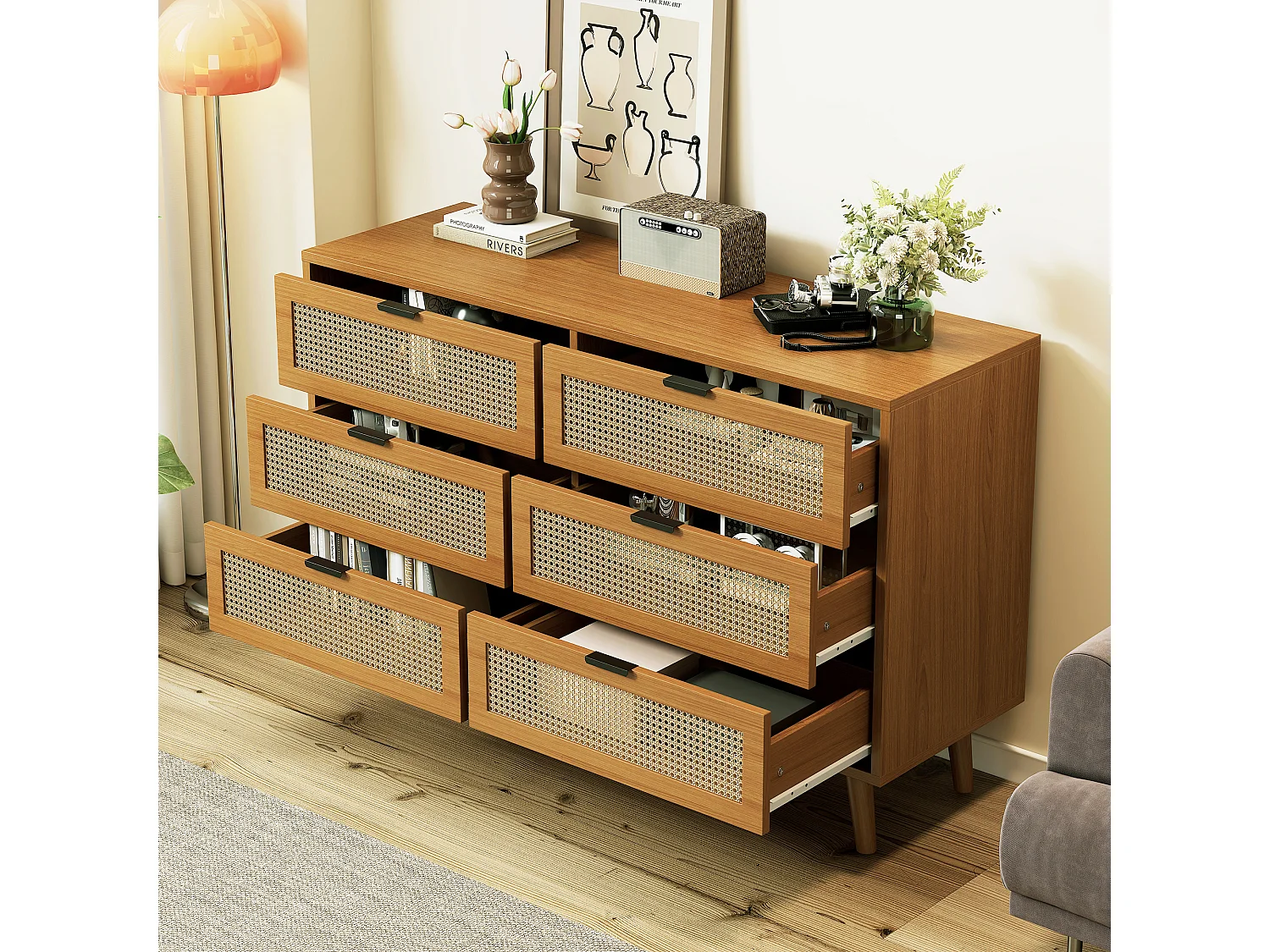 Commode 6 tiroirs 120x40x76.5 cm, grand rangement, poignées en métal, pieds en bois, panneau de particules, noyer