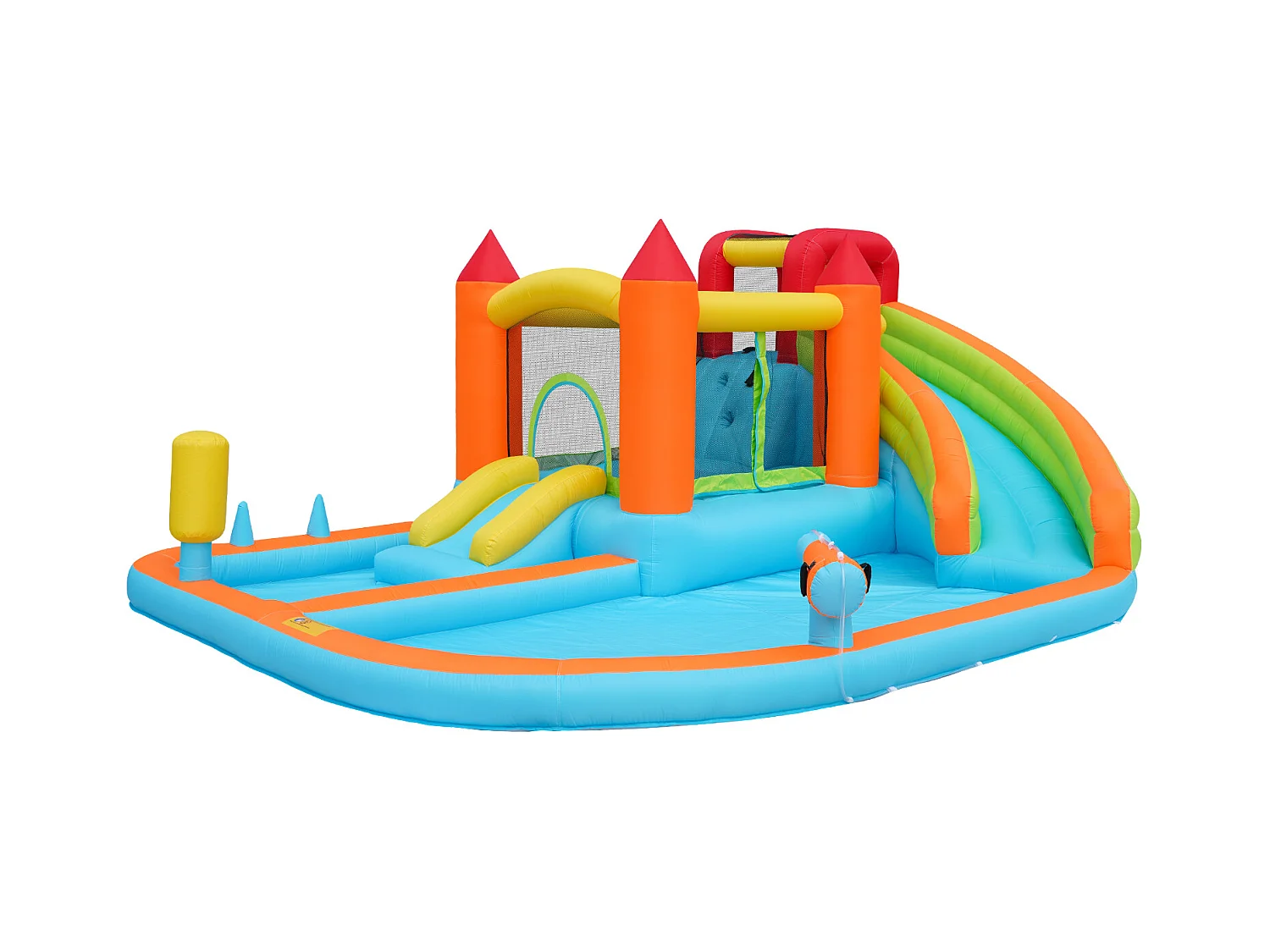 Château gonflable 460x343x190cm avec Ventilateur Toboggan Aquatique Trampoline Panier Basketball Pistolet à Eau 2 Piscines Tissu Oxford Bleu
