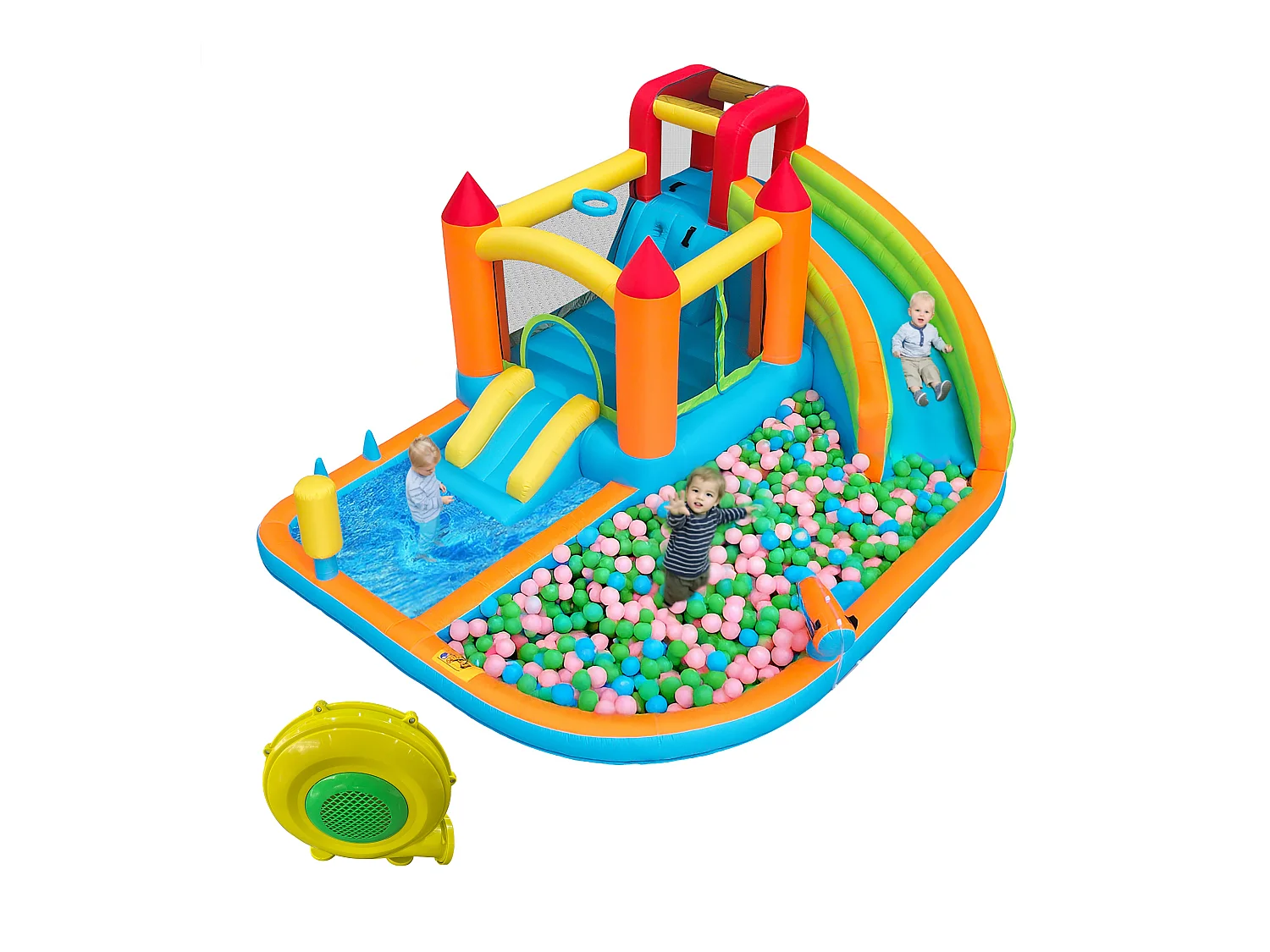 Château gonflable 460x343x190cm avec Ventilateur Toboggan Aquatique Trampoline Panier Basketball Pistolet à Eau 2 Piscines Tissu Oxford Bleu