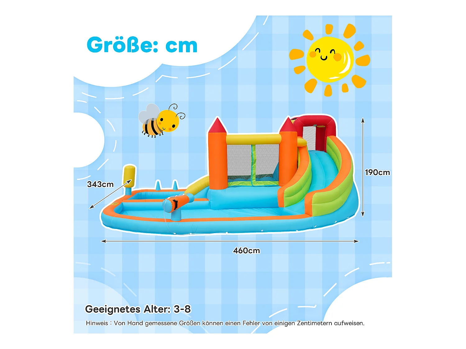 Château gonflable 460x343x190cm avec Ventilateur Toboggan Aquatique Trampoline Panier Basketball Pistolet à Eau 2 Piscines Tissu Oxford Bleu