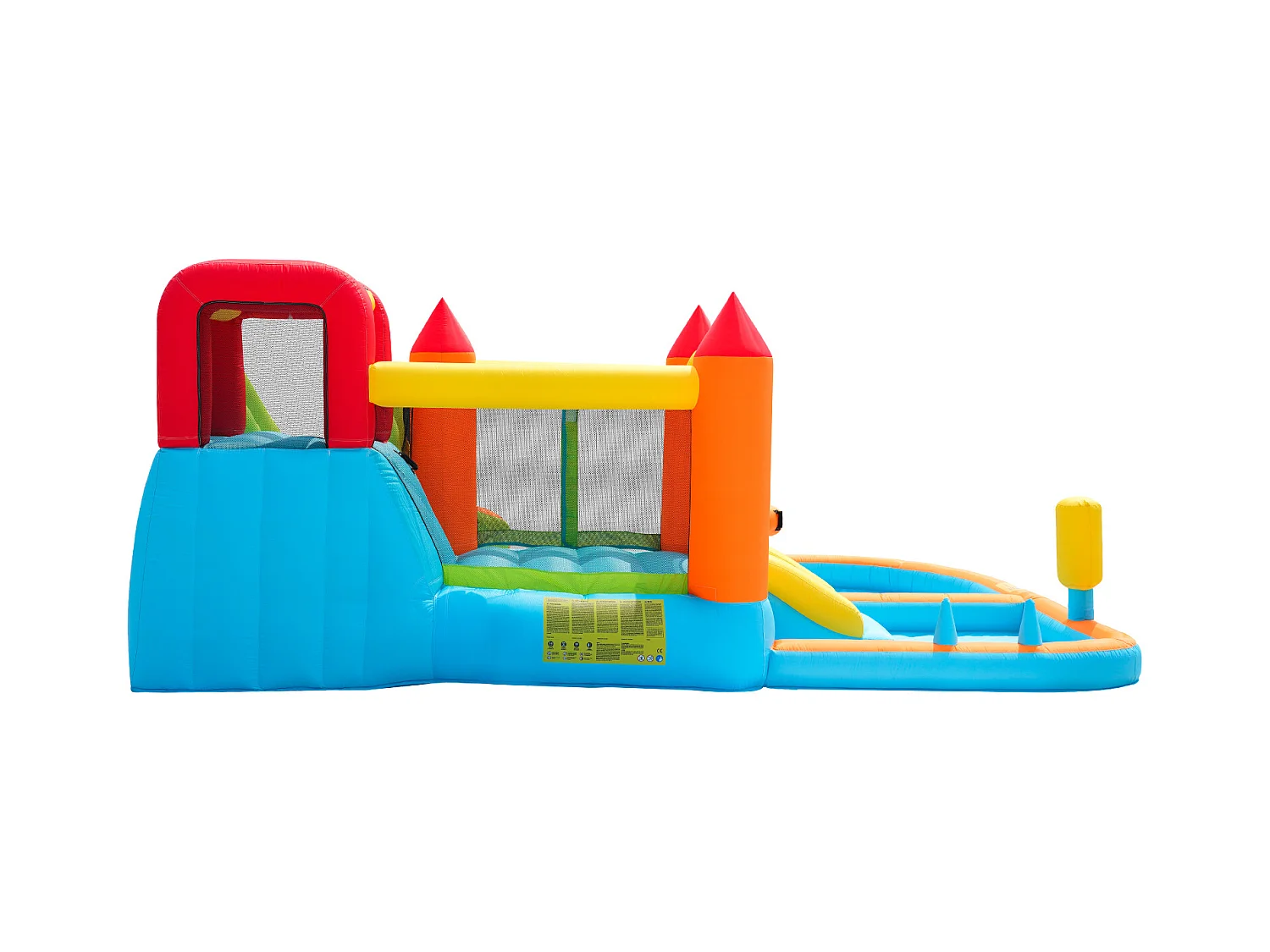 Château gonflable 460x343x190cm avec Ventilateur Toboggan Aquatique Trampoline Panier Basketball Pistolet à Eau 2 Piscines Tissu Oxford Bleu