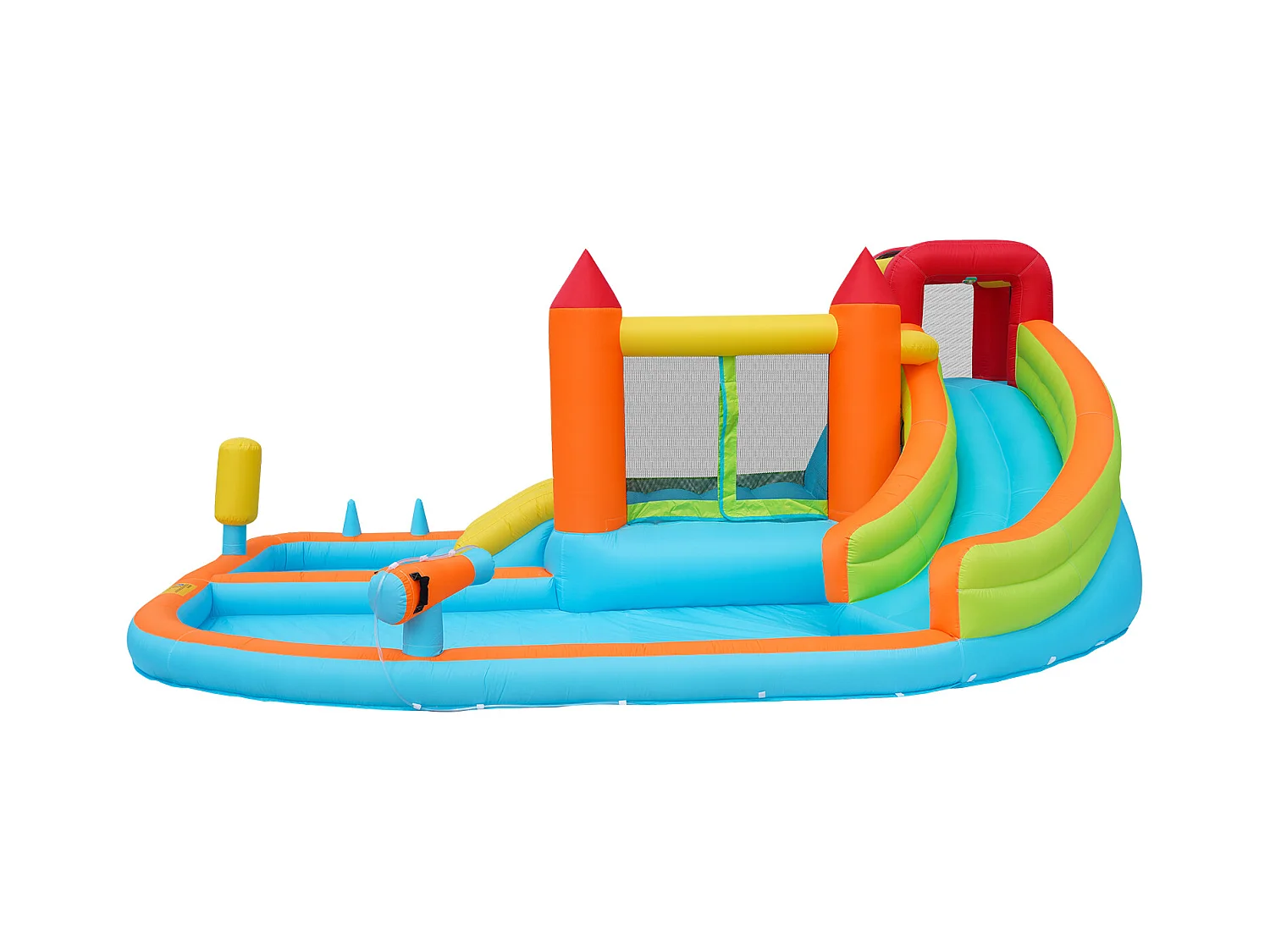 Château gonflable 460x343x190cm avec Ventilateur Toboggan Aquatique Trampoline Panier Basketball Pistolet à Eau 2 Piscines Tissu Oxford Bleu