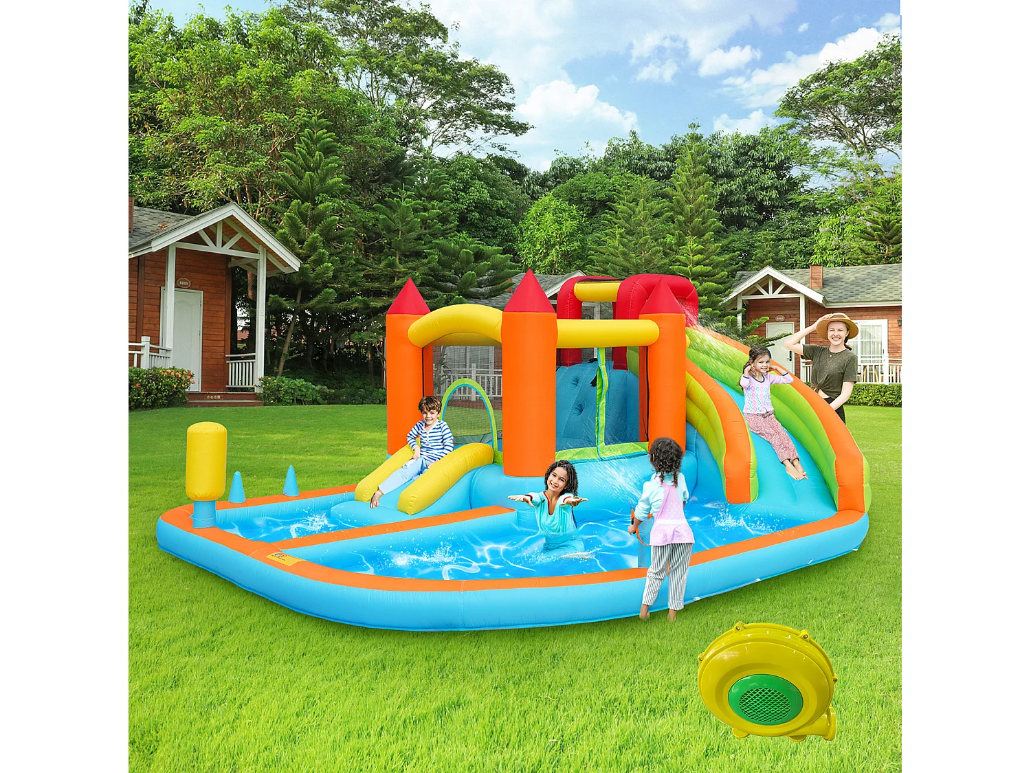 Château gonflable 460x343x190cm avec Ventilateur Toboggan Aquatique Trampoline Panier Basketball Pistolet à Eau 2 Piscines Tissu Oxford Bleu