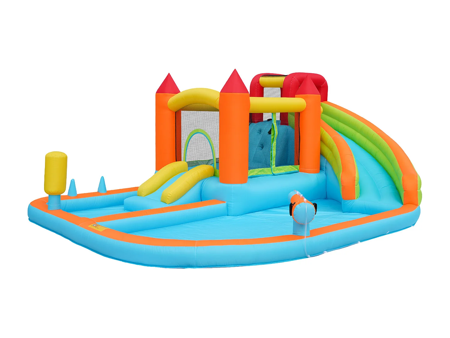 Château gonflable 460x343x190cm avec Ventilateur Toboggan Aquatique Trampoline Panier Basketball Pistolet à Eau 2 Piscines Tissu Oxford Bleu