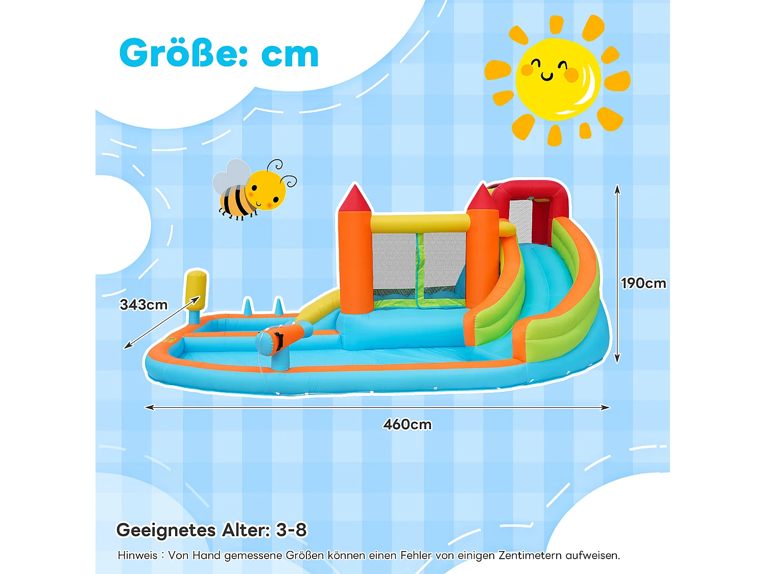 Château gonflable 460x343x190cm avec Ventilateur Toboggan Aquatique Trampoline Panier Basketball Pistolet à Eau 2 Piscines Tissu Oxford Bleu