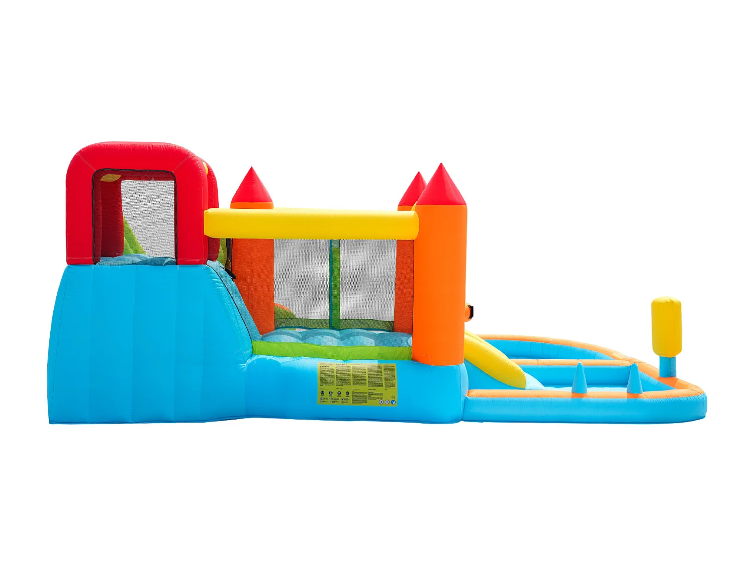 Château gonflable 460x343x190cm avec Ventilateur Toboggan Aquatique Trampoline Panier Basketball Pistolet à Eau 2 Piscines Tissu Oxford Bleu