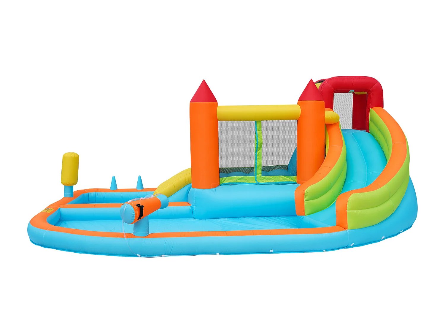 Château gonflable 460x343x190cm avec Ventilateur Toboggan Aquatique Trampoline Panier Basketball Pistolet à Eau 2 Piscines Tissu Oxford Bleu