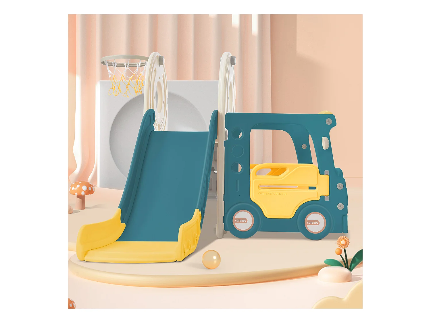 Glijbaan 171x109.9x100cm met 4-in-1 set bus beweegbare ladder basketbalring en bijbehorend basketbal brengen Materiaal HDPE en groente