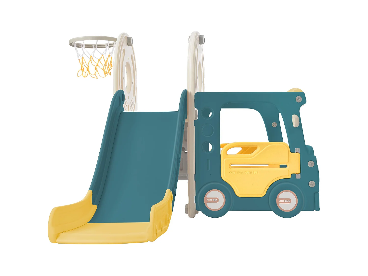 Glijbaan 171x109.9x100cm met 4-in-1 set bus beweegbare ladder basketbalring en bijbehorend basketbal brengen Materiaal HDPE en groente