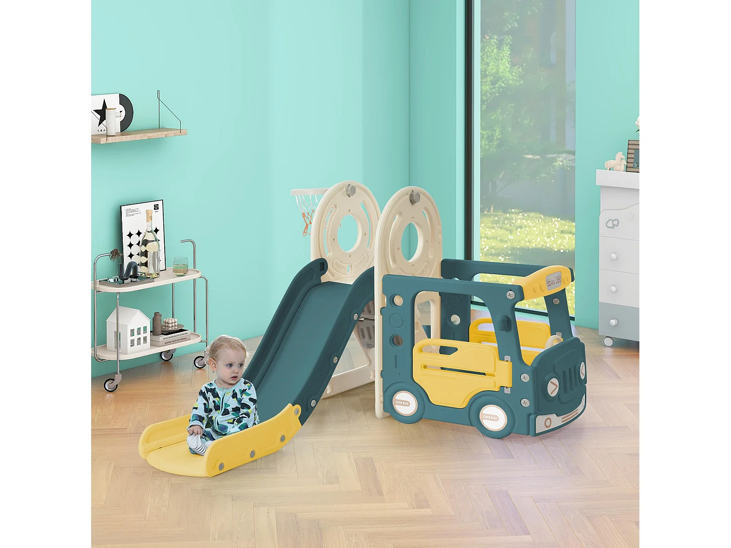 Ensemble de toboggan 171x109.9x100cm 4 en 1 Autobus Échelle mobile Panier de basketball Ballon de basketball inclus HDPE couleur Vert