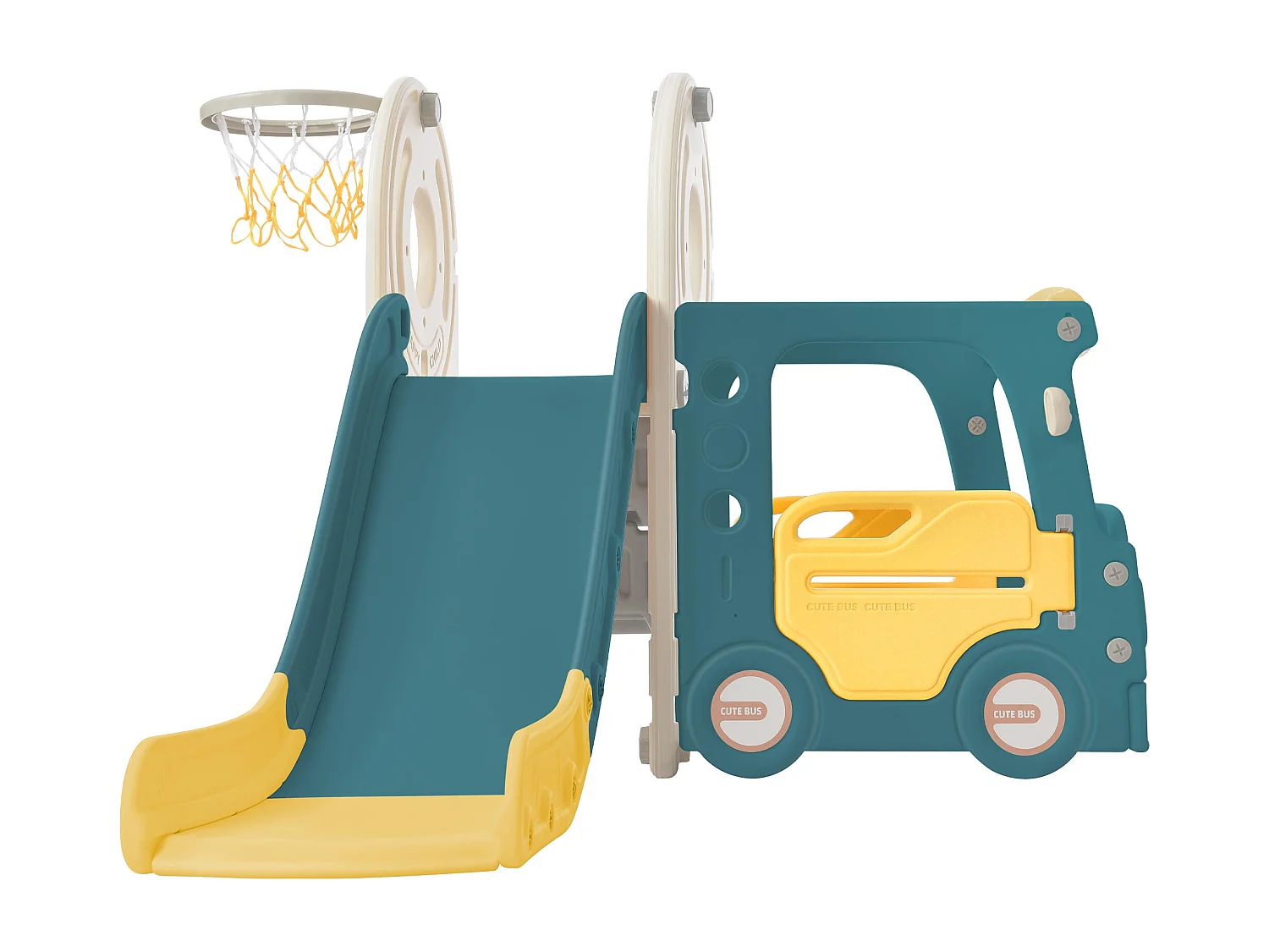 Ensemble de toboggan 171x109.9x100cm 4 en 1 Autobus Échelle mobile Panier de basketball Ballon de basketball inclus HDPE couleur Vert