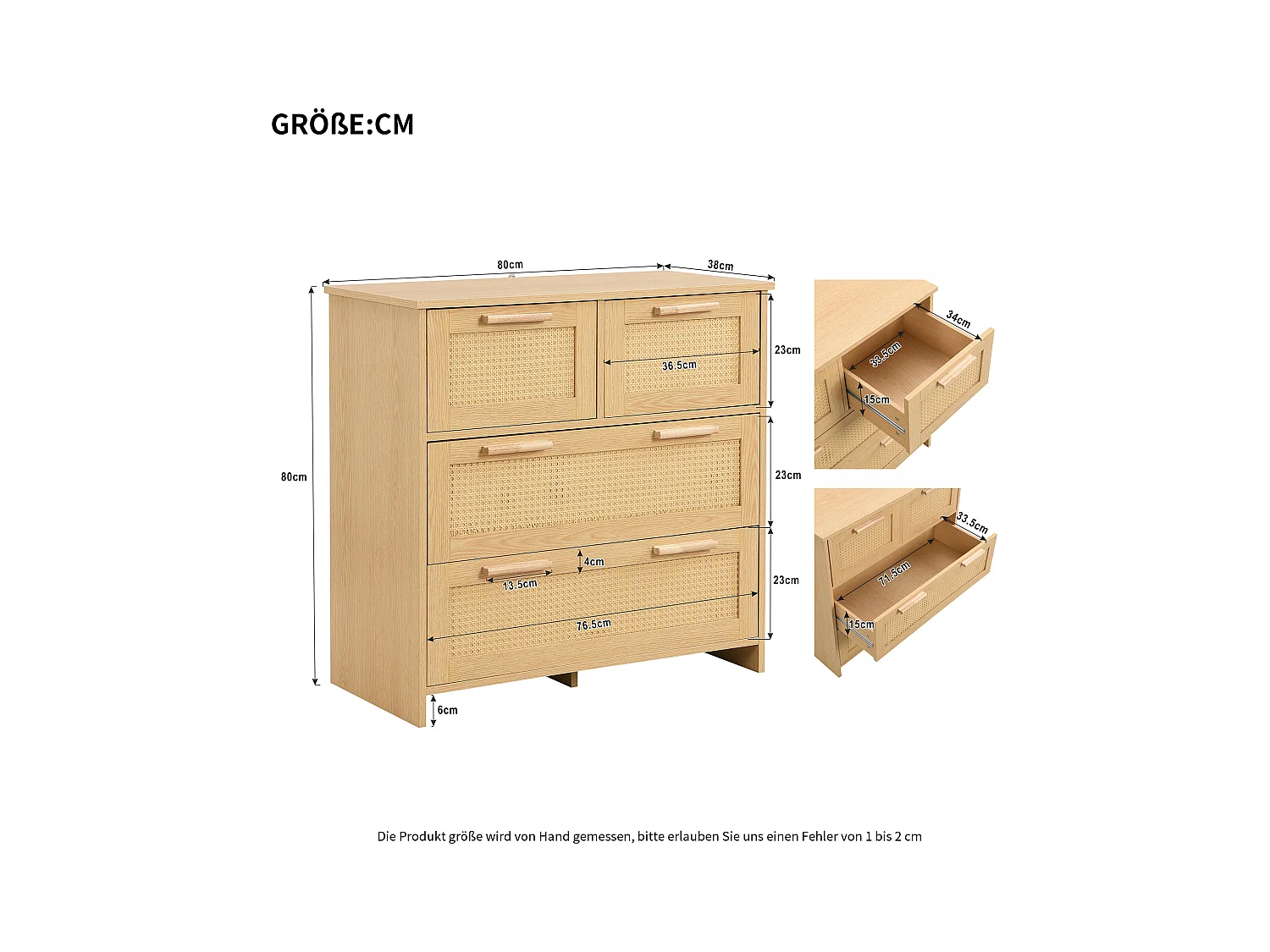 Ladekast met 3 laden, 80x38x80 cm, met handgreep. Gemaakt van naturelkleurig MDF, geschikt voor zowel de woonkamer als de slaapkamer.