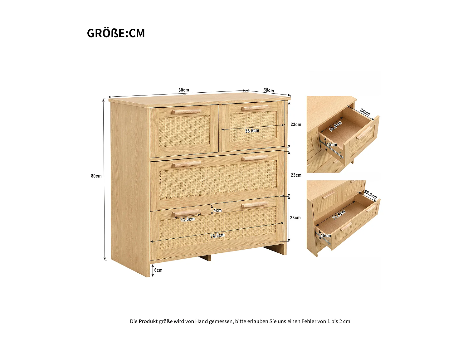 Ladekast met 3 laden, 80x38x80 cm, met handgreep. Gemaakt van naturelkleurig MDF, geschikt voor zowel de woonkamer als de slaapkamer.