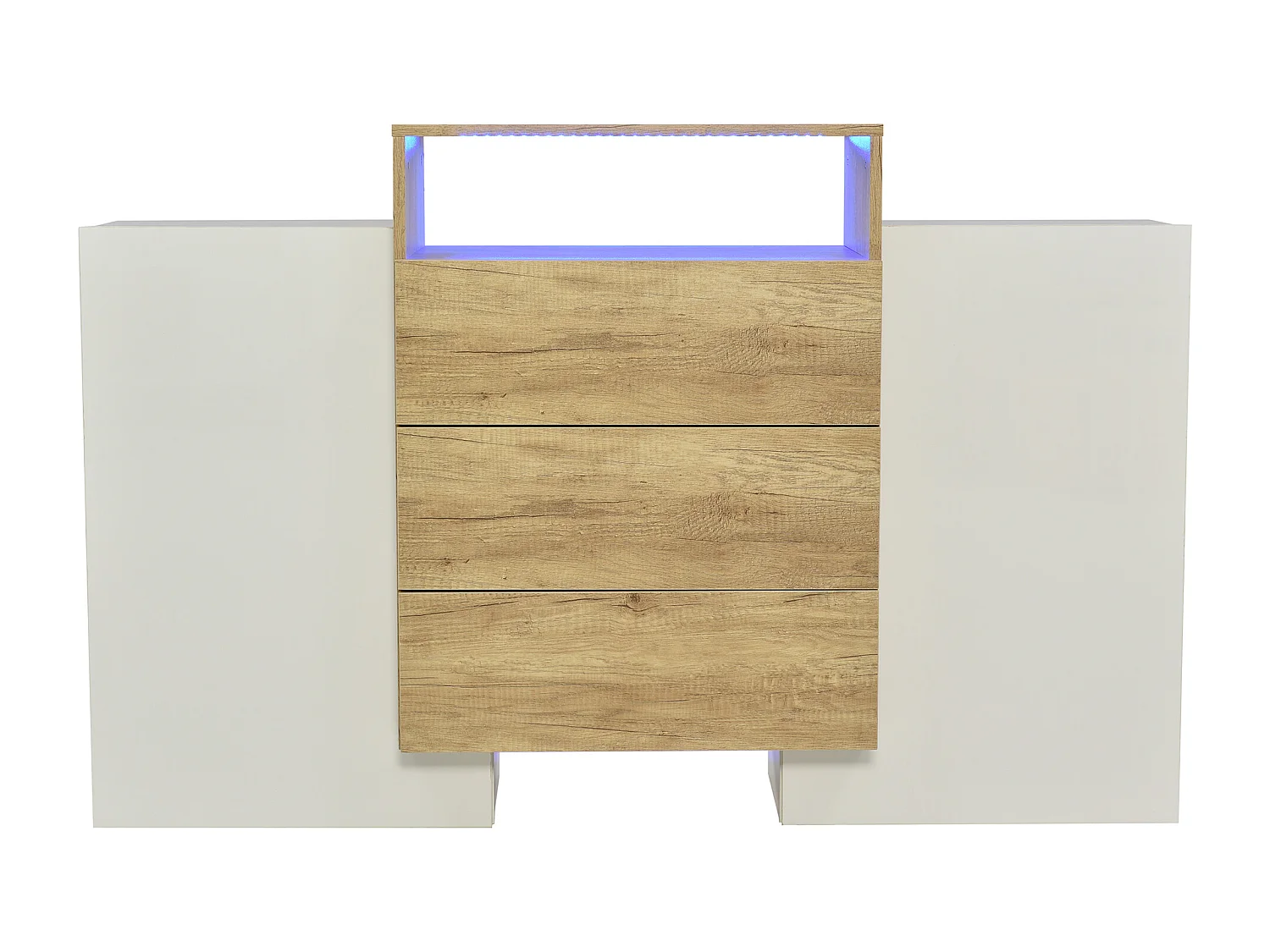 Buffet 140x30x90.5cm LED Multicolore 2 Portes 3 Tiroirs Espace de rangement Matériel MDF Couleur Naturelle