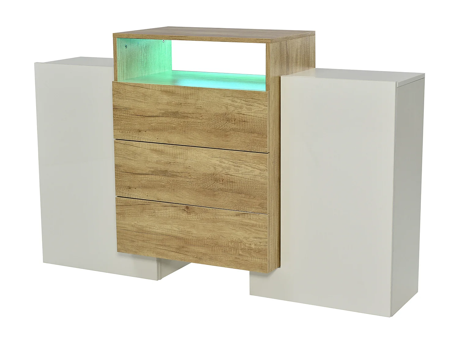 Buffet 140x30x77.5 cm, LED multicolore, 2 portes, 3 tiroirs, 2 étagères, MDF, blanc brillant et naturel