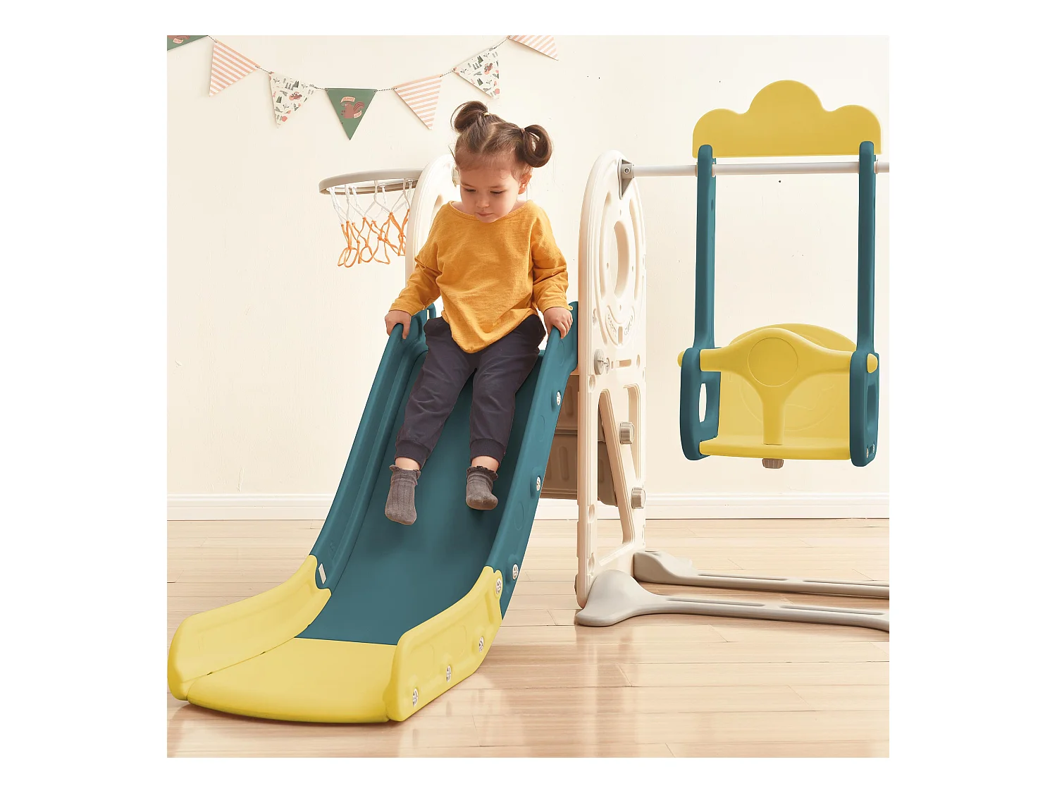 Glijbaan 182x172x115cm met 5-in-1 set bus schommel ladder basketbalring en bijbehorend basketbal brengen Materiaal HDPE en groente