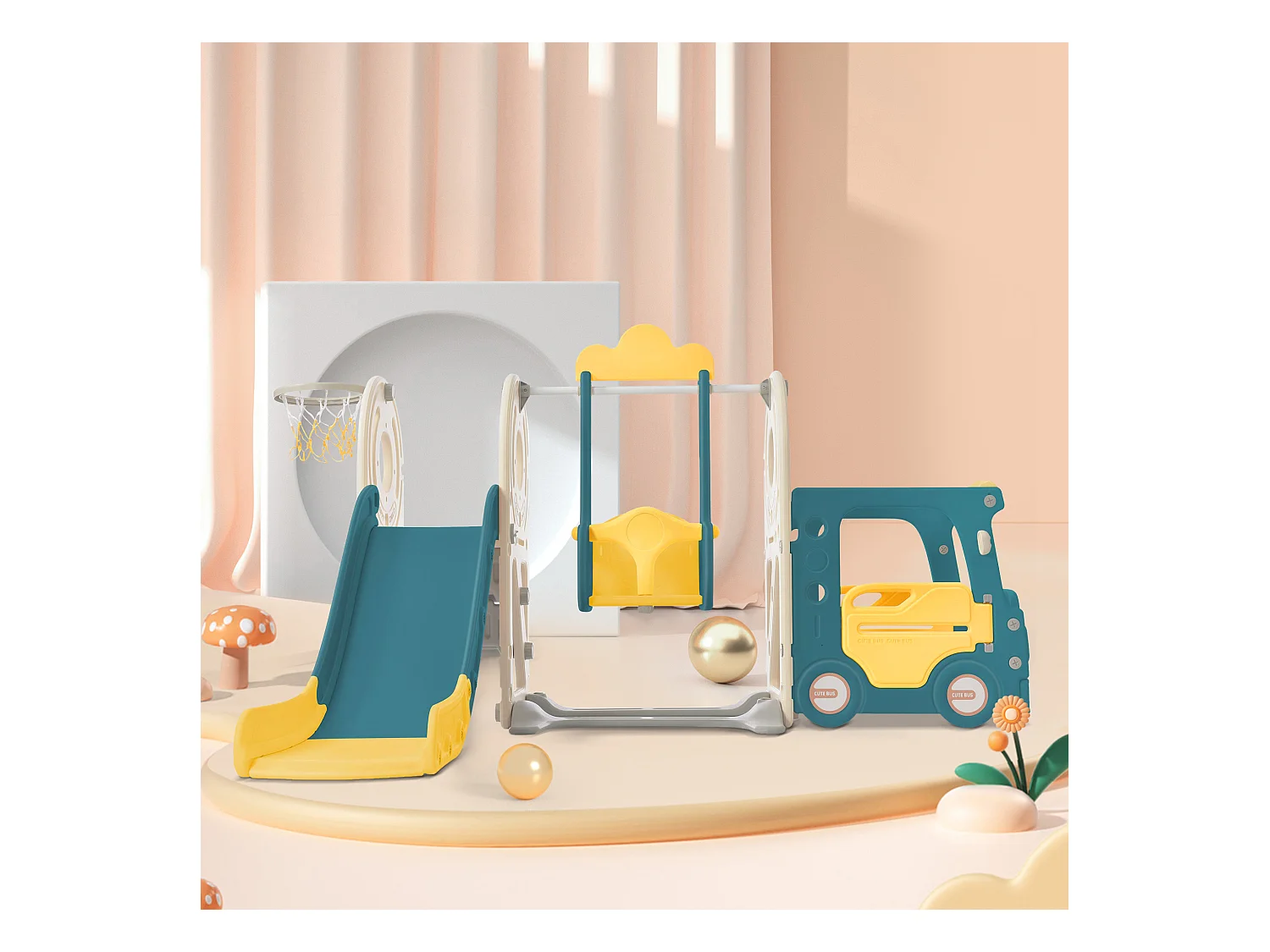 Glijbaan 182x172x115cm met 5-in-1 set bus schommel ladder basketbalring en bijbehorend basketbal brengen Materiaal HDPE en groente