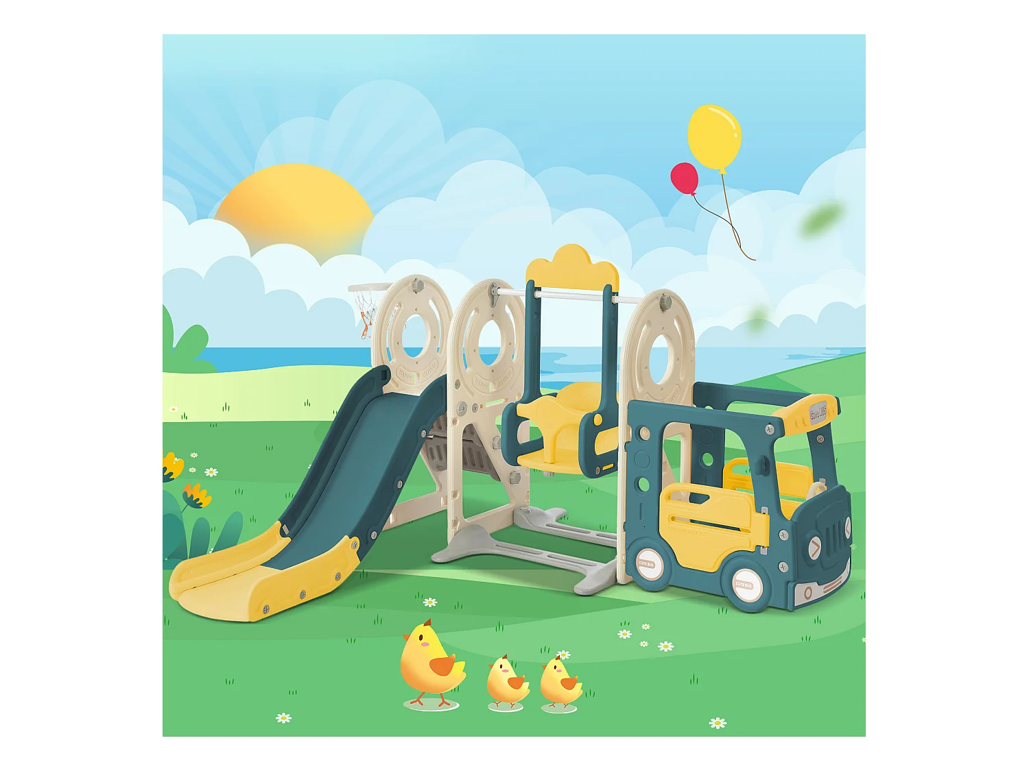 Glijbaan 182x172x115cm met 5-in-1 set bus schommel ladder basketbalring en bijbehorend basketbal brengen Materiaal HDPE en groente