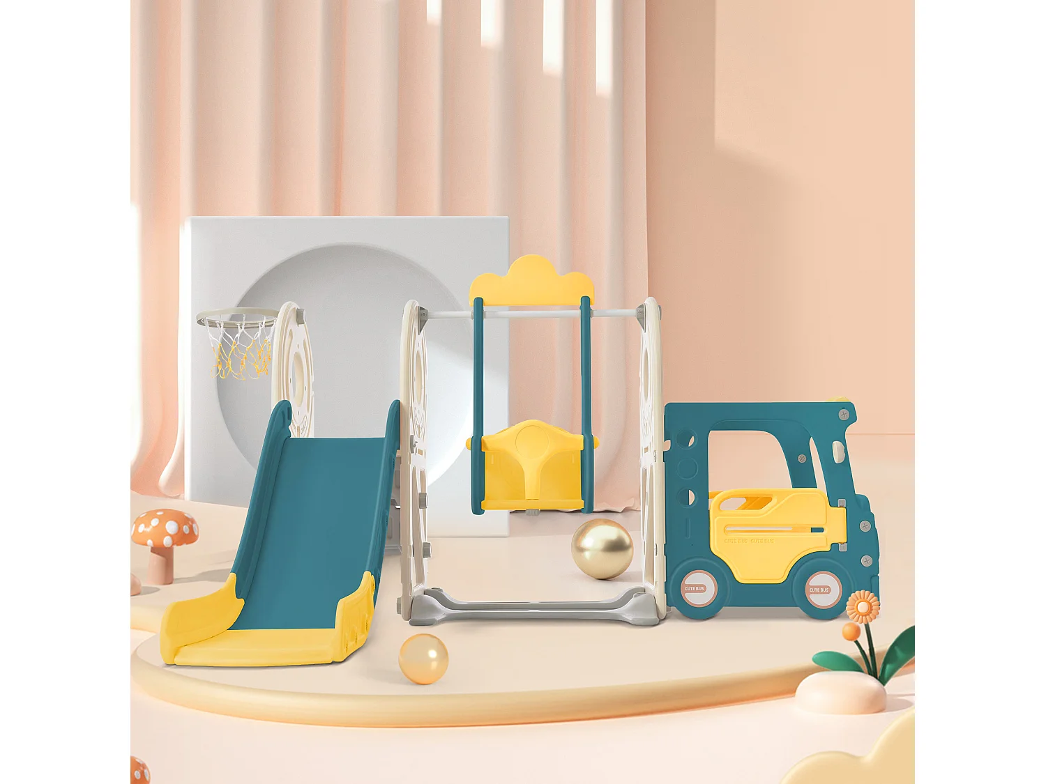 Ensemble de toboggan 182x172x115cm 5 en 1 Bus Balançoire Échelle Panier de basketball Ballon de basketball inclus en HDPE couleur Vert