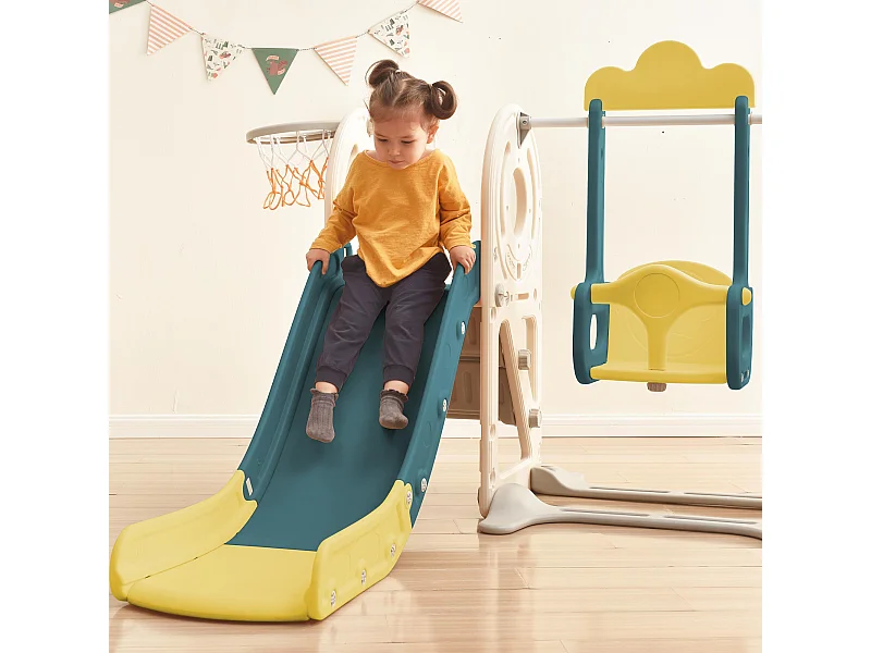 Ensemble de toboggan 182x172x115cm 5 en 1 Bus Balançoire Échelle Panier de basketball Ballon de basketball inclus en HDPE couleur Vert