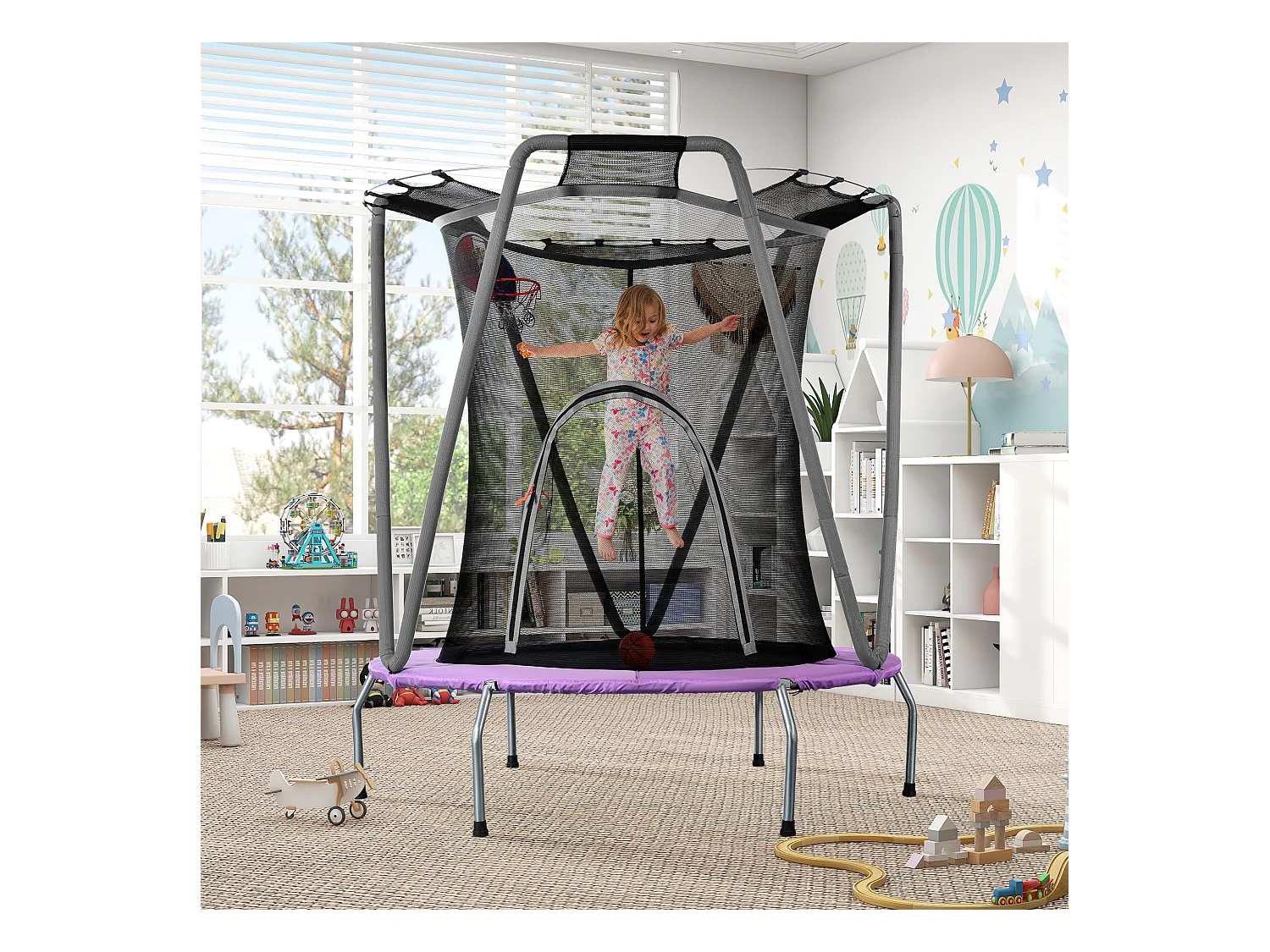 Trampoline extérieur 147x147x157cm Une housse de protection Cadre en acier Clôture Panier de basketball Matériel Steel couleur Gris