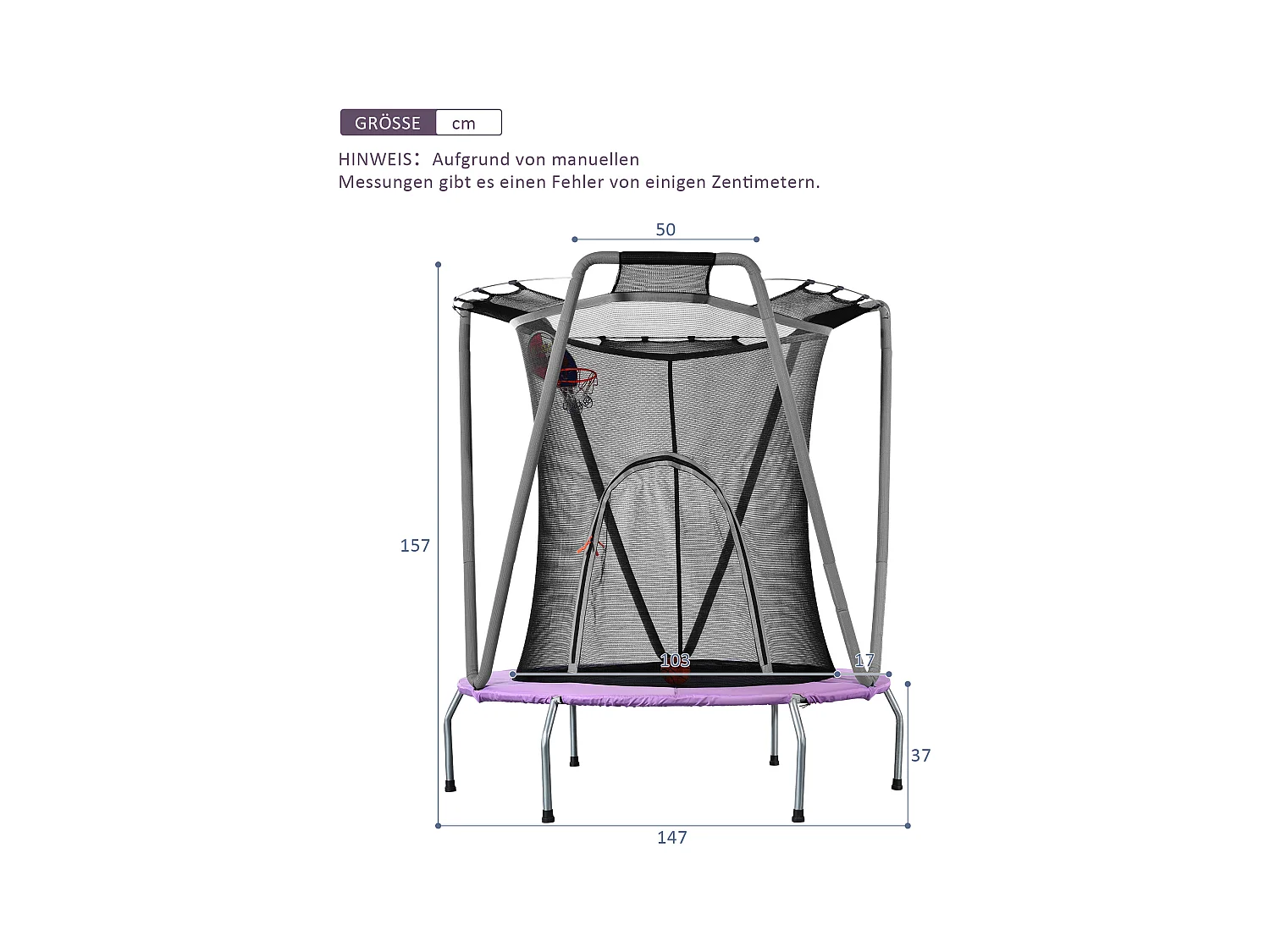 Trampoline extérieur 147x147x157cm Une housse de protection Cadre en acier Clôture Panier de basketball Matériel Steel couleur Gris
