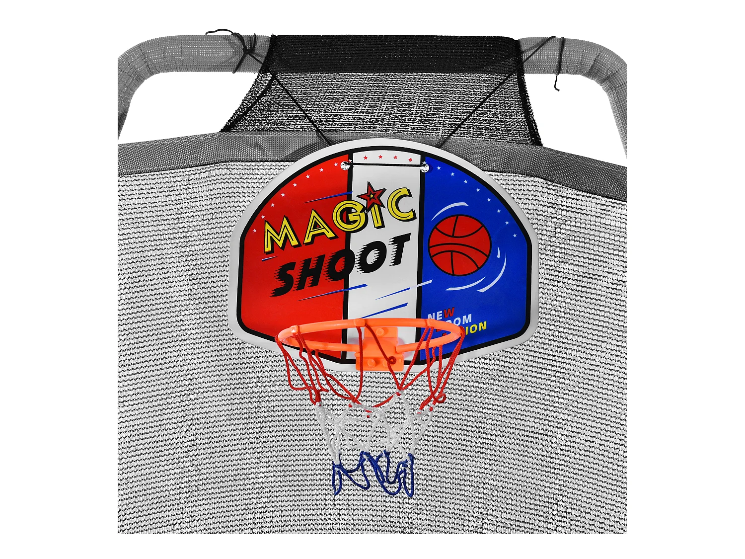 Trampoline extérieur 147x147x157cm Une housse de protection Cadre en acier Clôture Panier de basketball Matériel Steel couleur Gris