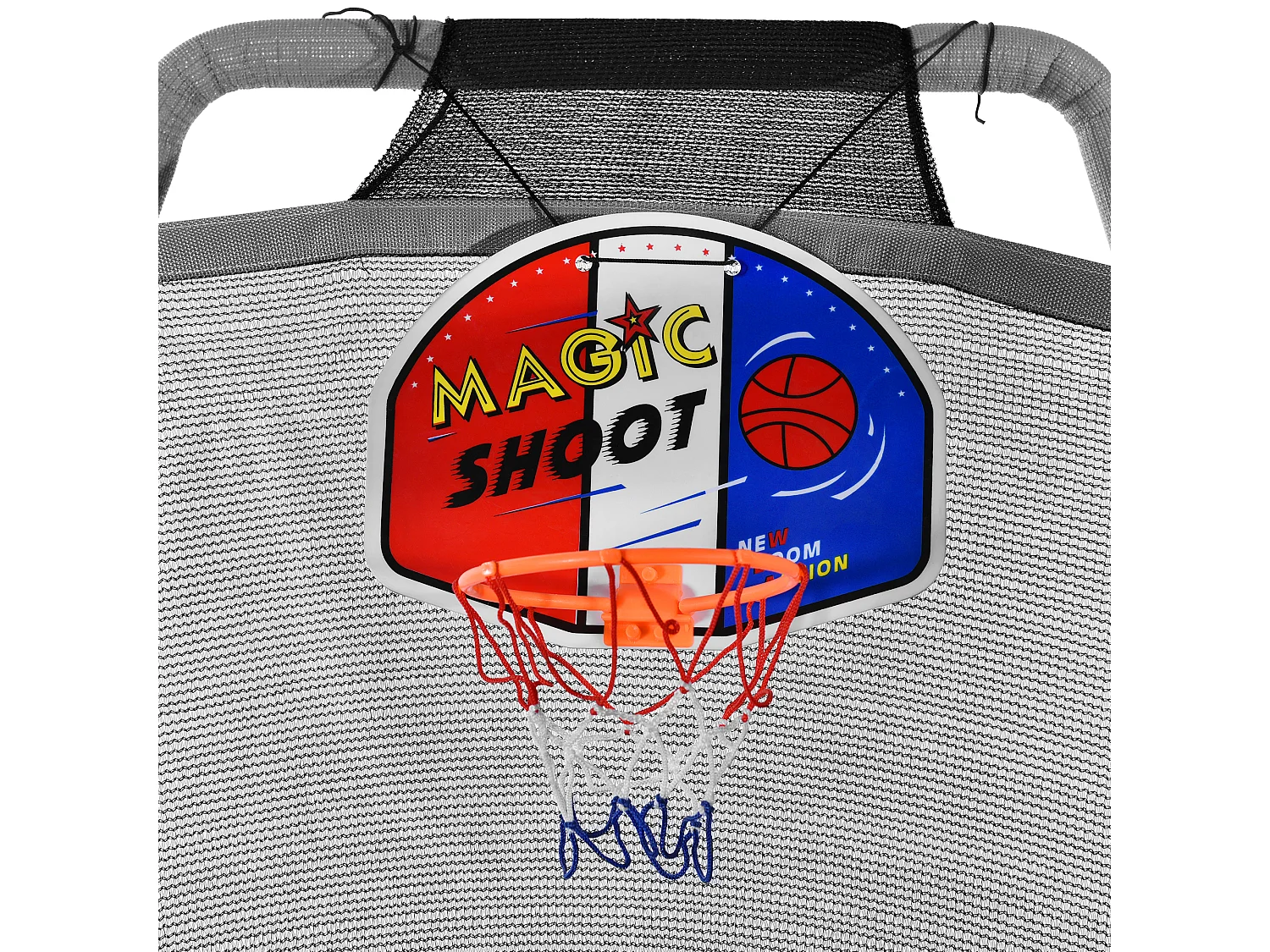 Trampoline extérieur 147x147x157cm Une housse de protection Cadre en acier Clôture Panier de basketball Matériel Steel couleur Gris