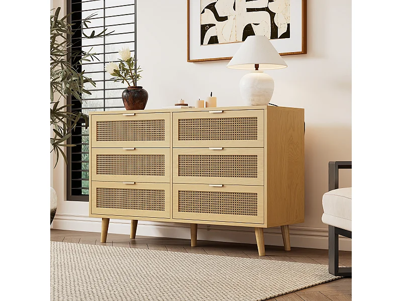 Commode 3 tiroirs 120x40x76.5 cm avec six tiroirs panneau de particules Couleur naturelle pour Salon et chambre