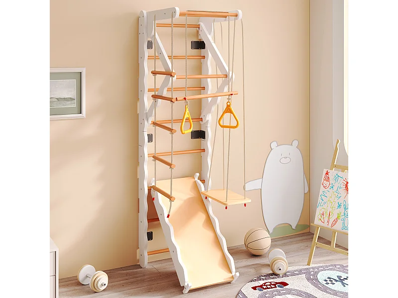 6-in-1 kinderglijbaan, 60x60x199 cm, met klimstructuur en schommel, gemaakt van hout, natuurlijke kleur, voor de woonkamer