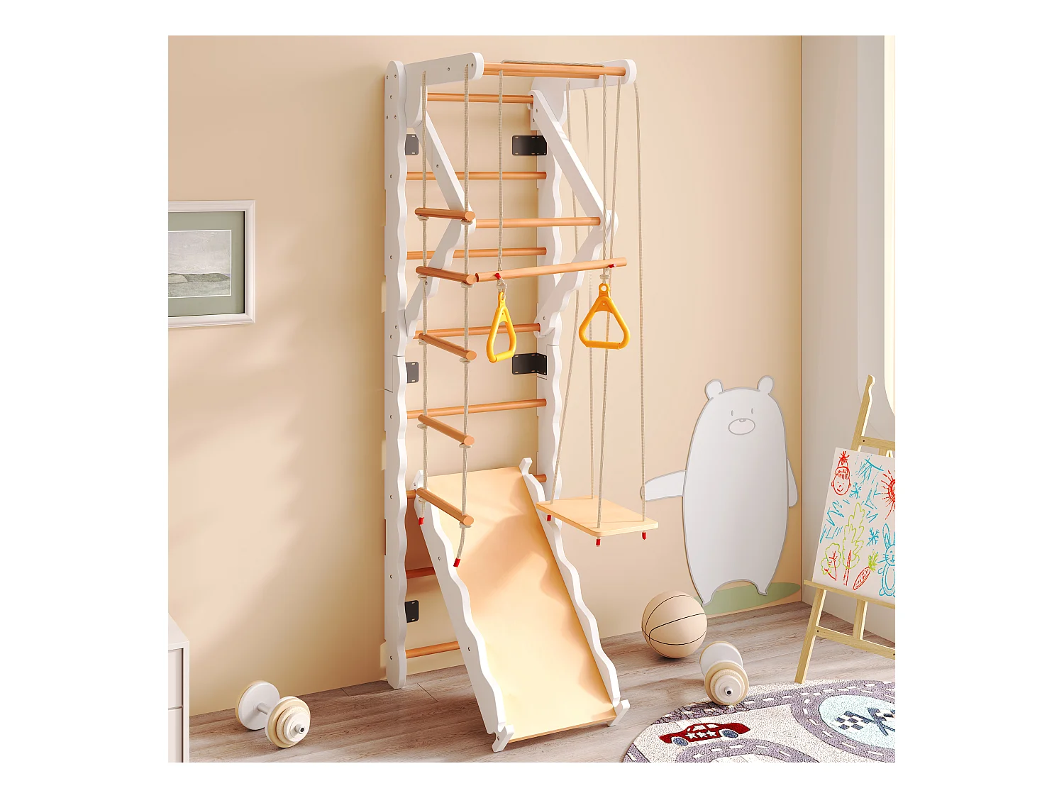 6-in-1 kinderglijbaan, 60x60x199 cm, met klimstructuur en schommel, gemaakt van hout, natuurlijke kleur, voor de woonkamer