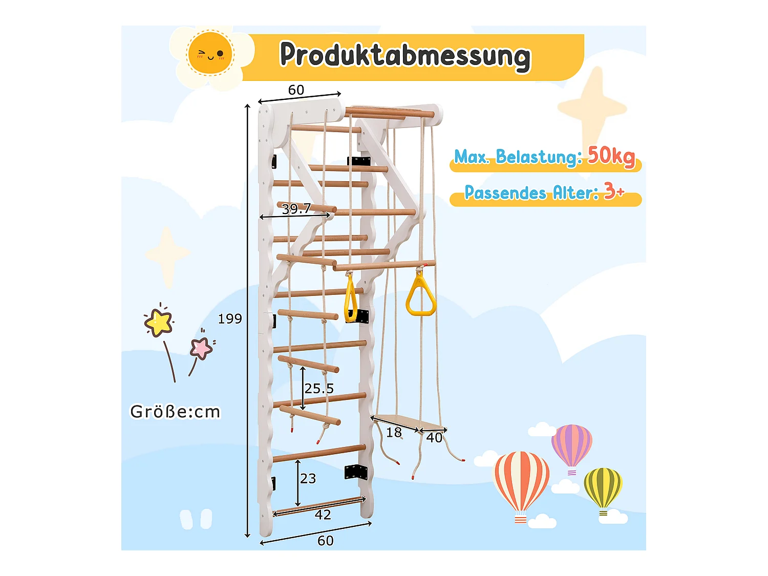 6-in-1 kinderglijbaan, 60x60x199 cm, met klimstructuur en schommel, gemaakt van hout, natuurlijke kleur, voor de woonkamer