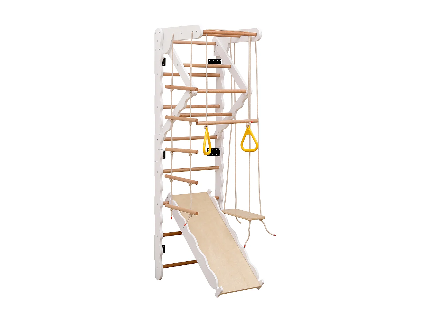 Toboggan enfant 6 en 1 60x60x199 cm avec structure d'escalade et balançoire matériau en bois Couleur naturelle pour salon