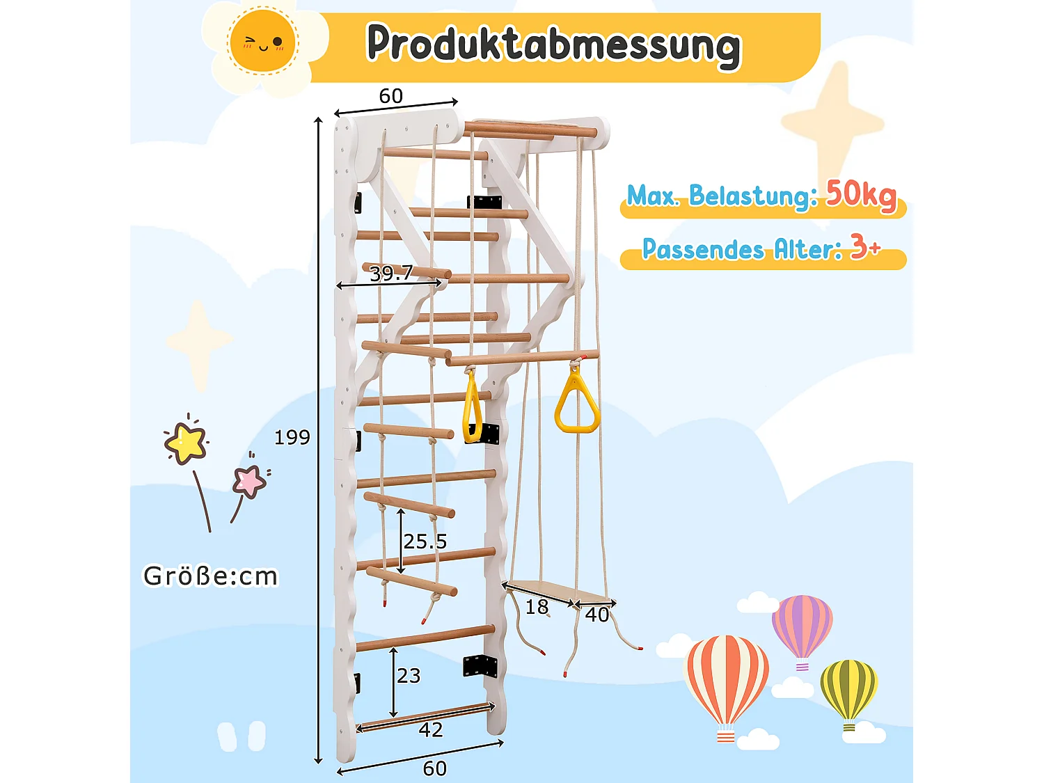 Toboggan enfant 6 en 1 60x60x199 cm avec structure d'escalade et balançoire matériau en bois Couleur naturelle pour salon