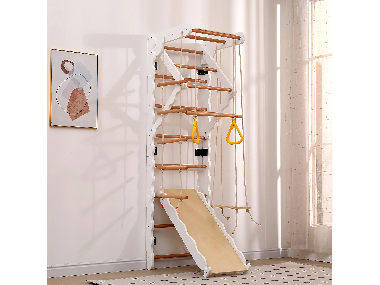 Aire de jeux d’intérieur 60x60x199 cm, 6 en 1 avec toboggan et balançoire, anneaux et échelle, bois, naturel