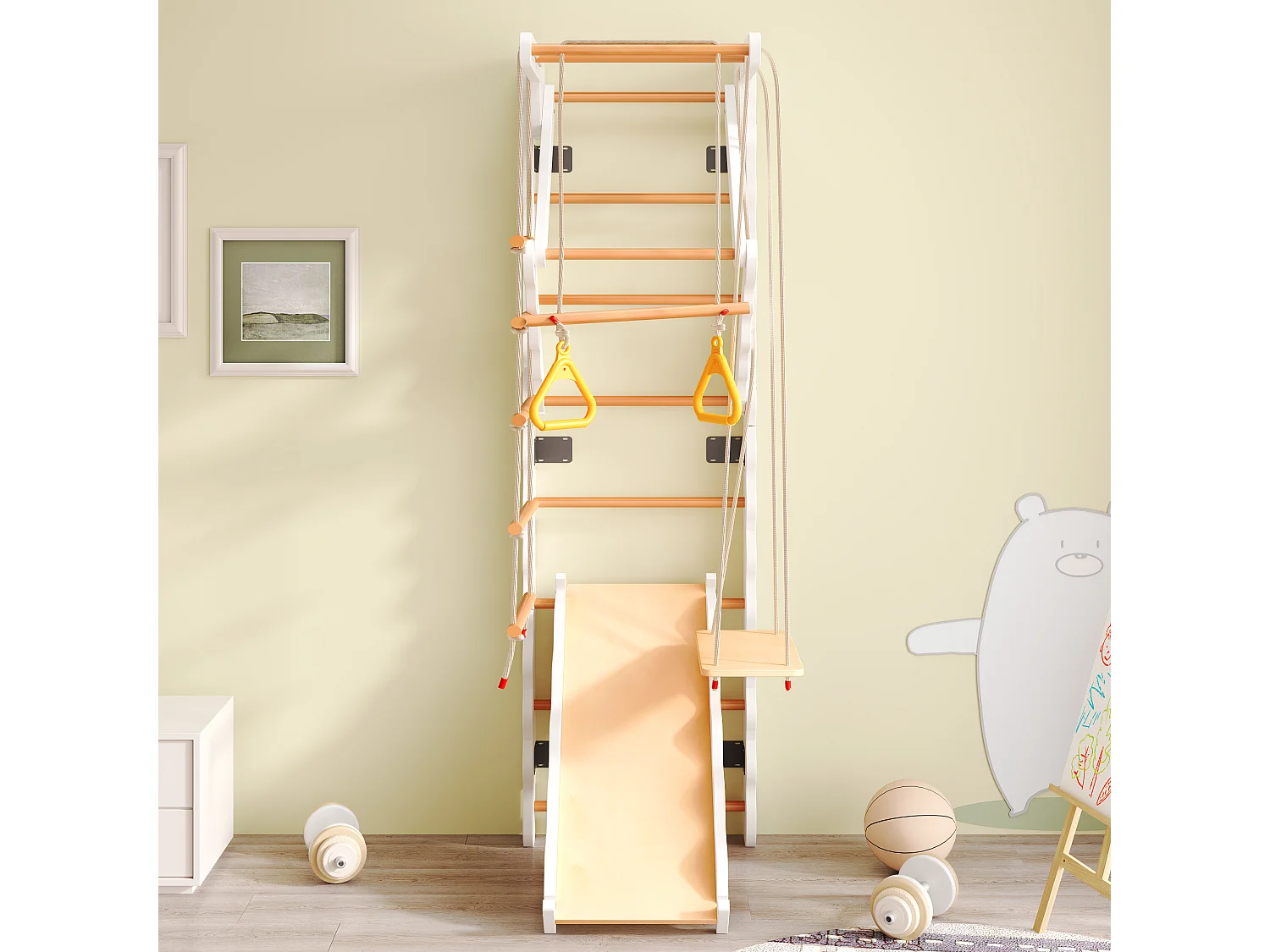 Aire de jeux d’intérieur 60x60x199 cm, 6 en 1 avec toboggan et balançoire, anneaux et échelle, bois, naturel