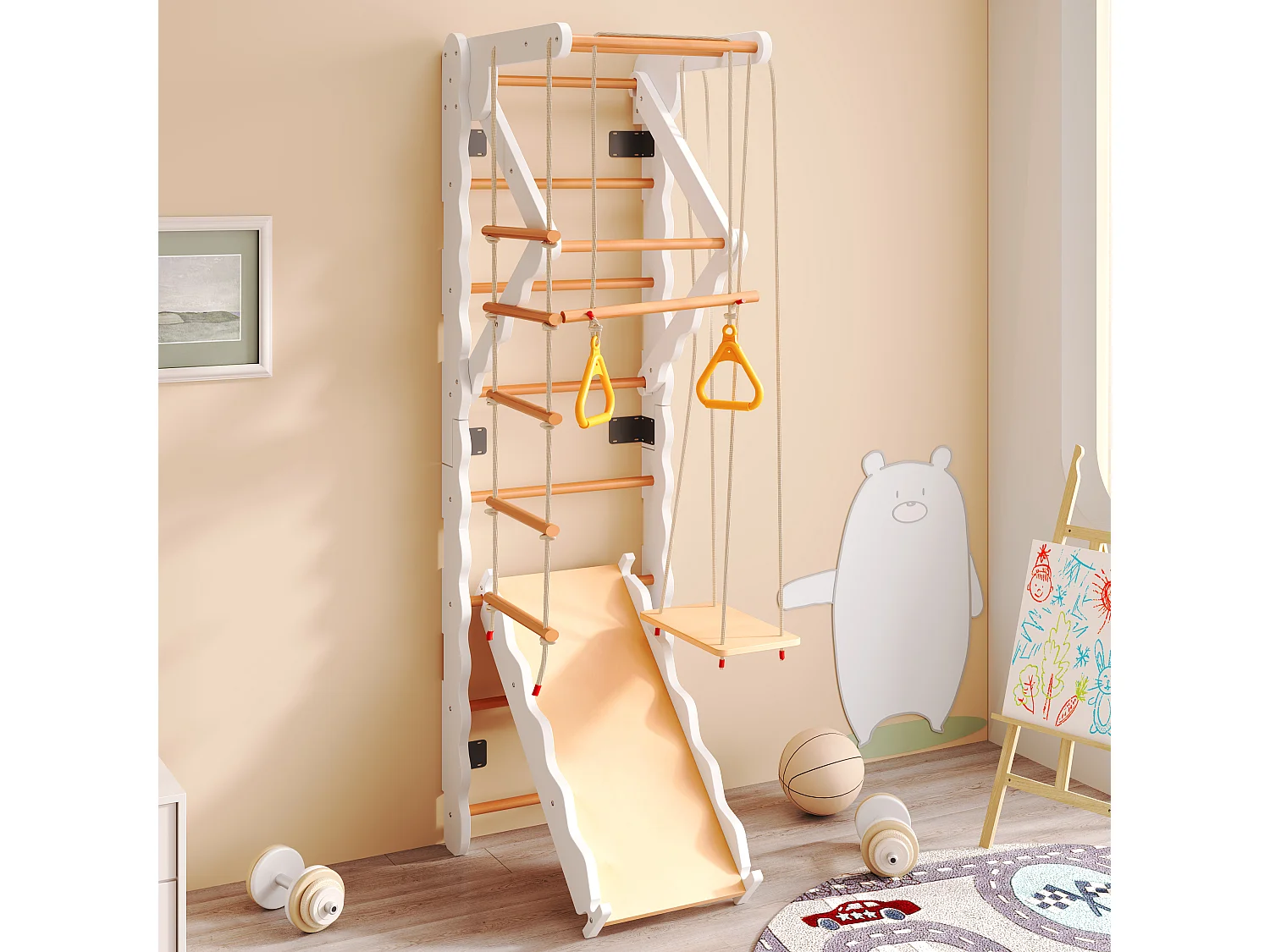 Aire de jeux d’intérieur 60x60x199 cm, 6 en 1 avec toboggan et balançoire, anneaux et échelle, bois, naturel