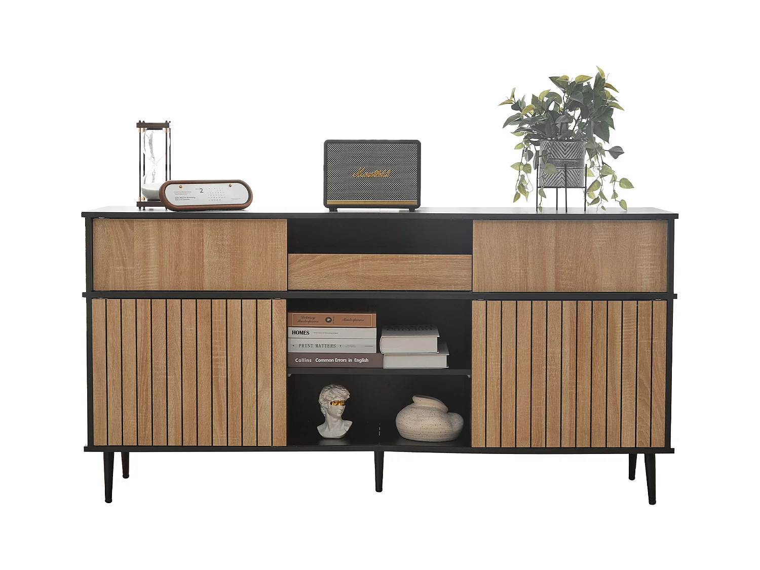 Commode 160x40x80 cm avec quatre portes coulissantes et un tiroir panneaux de particules en noir et Couleur naturelle