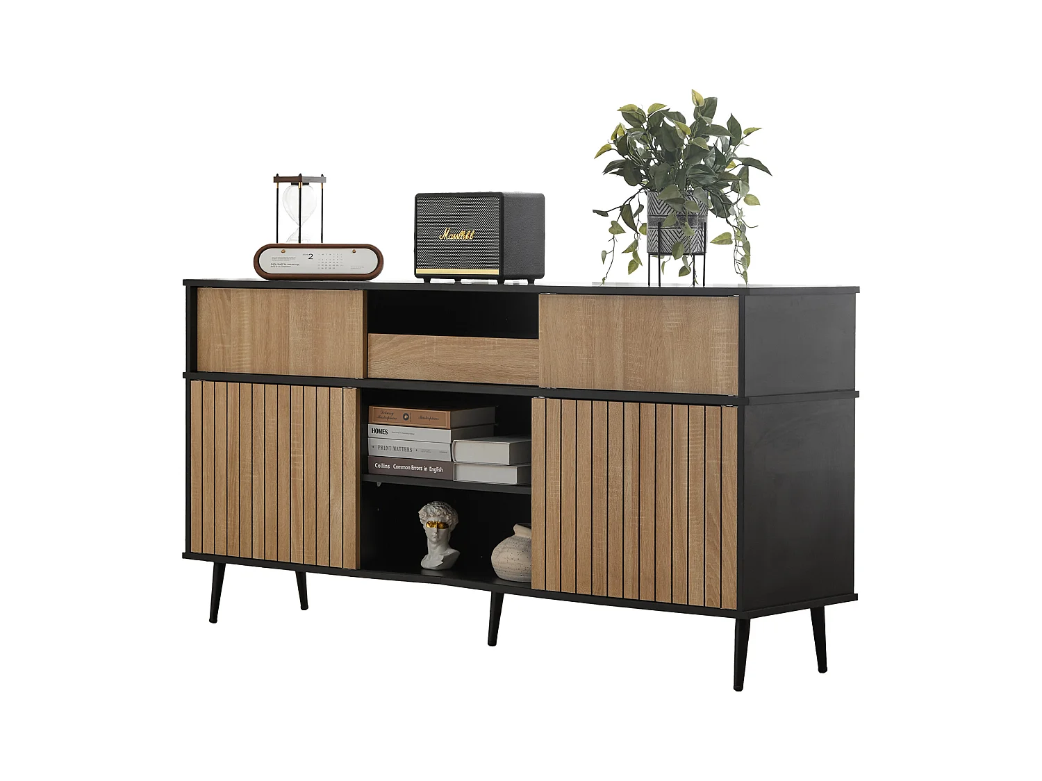 Commode 160x40x80 cm avec quatre portes coulissantes et un tiroir panneaux de particules en noir et Couleur naturelle