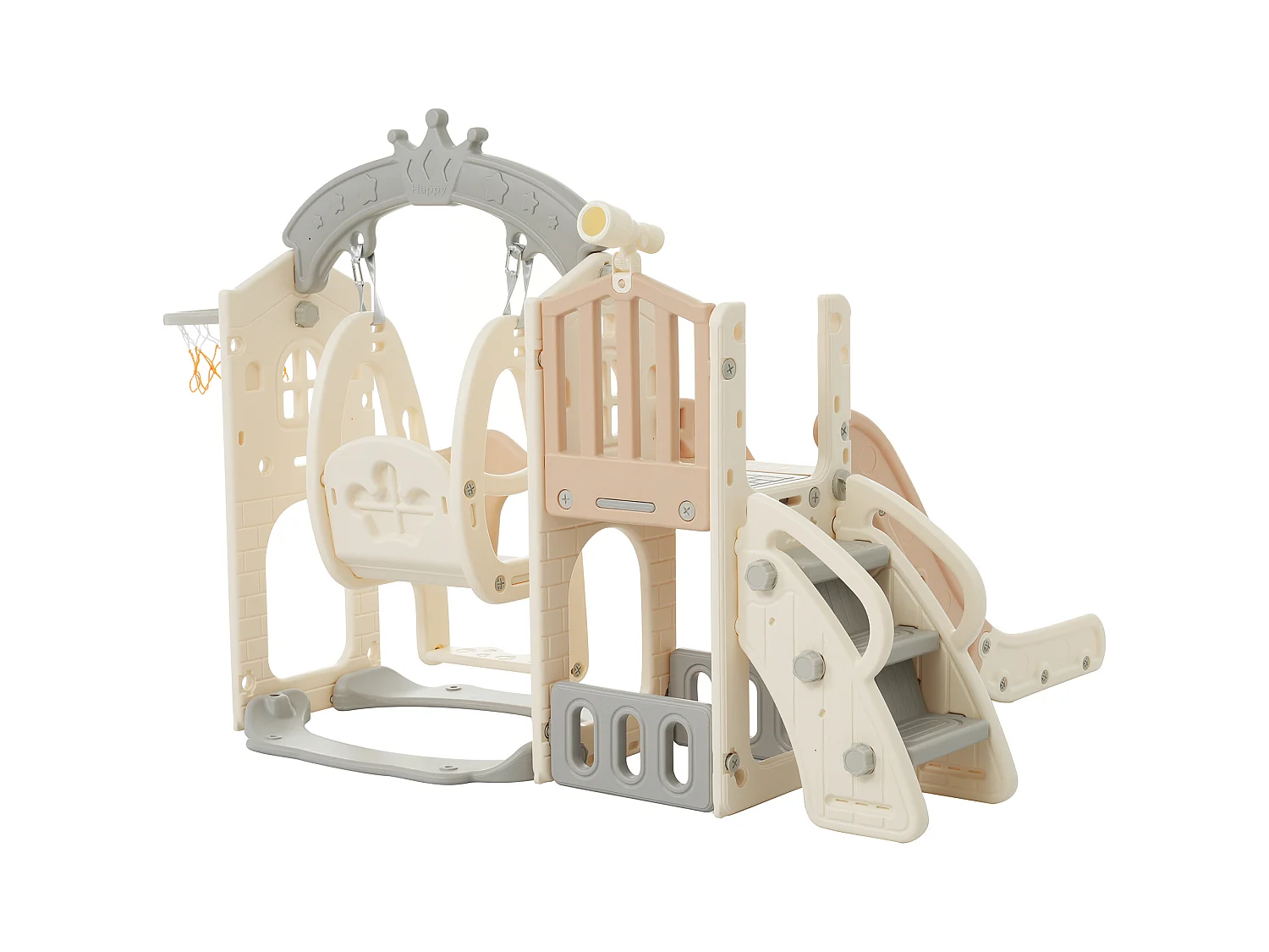 5-in-1 kinderglijbaan, 157x145,5x121 cm, met klimstructuur en schommel, bruin en wit HDPE-materiaal, voor de woonkamer