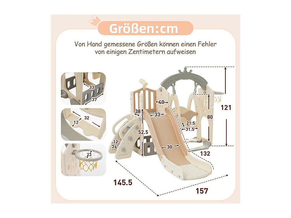 5-in-1 kinderglijbaan, 157x145,5x121 cm, met klimstructuur en schommel, bruin en wit HDPE-materiaal, voor de woonkamer