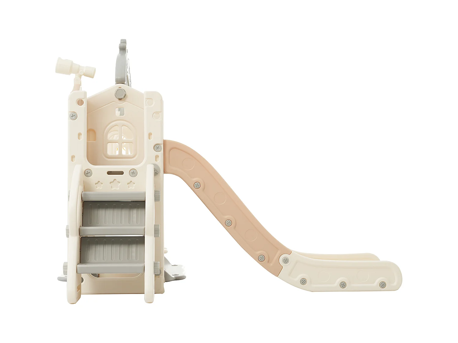 5-in-1 kinderglijbaan, 157x145,5x121 cm, met klimstructuur en schommel, bruin en wit HDPE-materiaal, voor de woonkamer